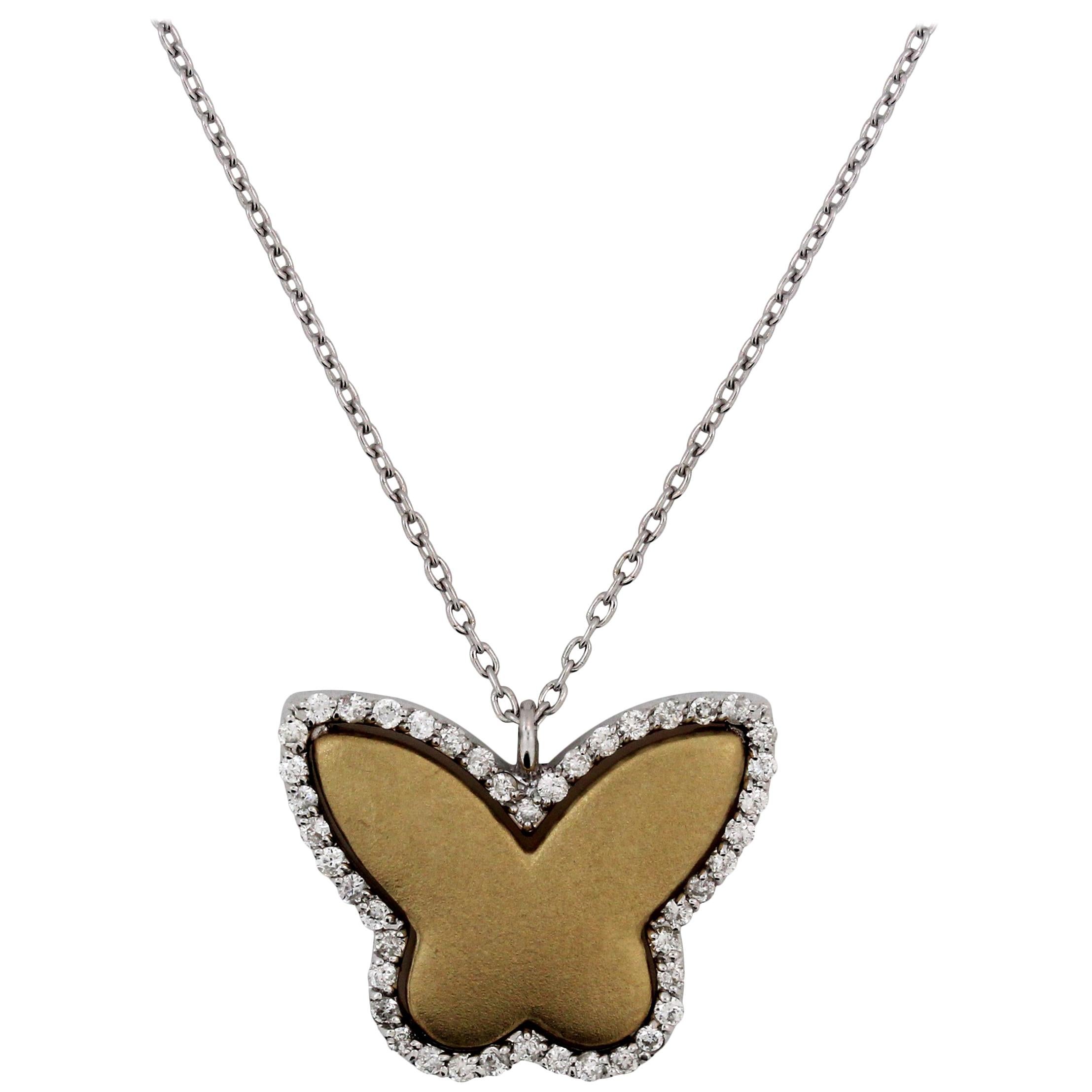 Two-Tone Yellow White Gold and Diamond Butterfly Pendant Necklace