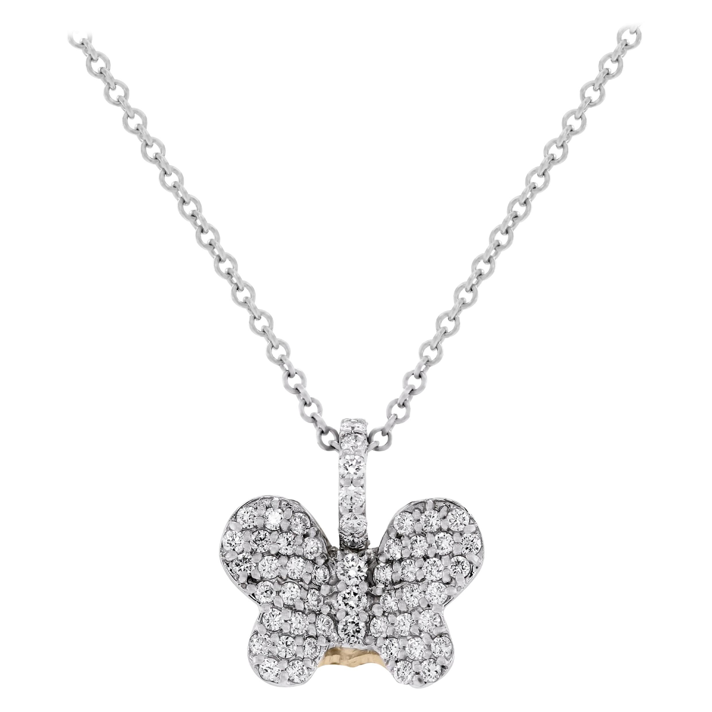 Two-Tone Yellow White Gold and Diamond Butterfly Pendant Necklace Stambolian