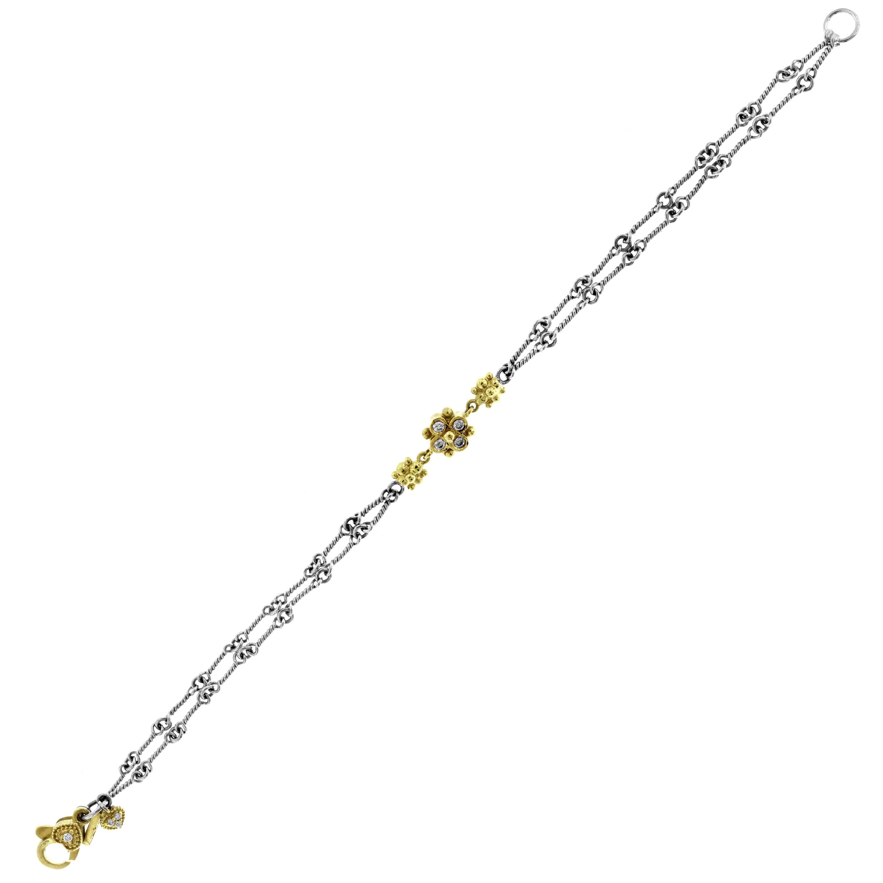 IF YOU ARE REALLY INTERESTED, CONTACT US WITH ANY REASONABLE OFFER. WE WILL TRY OUR BEST TO MAKE YOU HAPPY!

18K Yellow and White Gold Two-Tone Gold Chain Bracelet with Diamond Floral Cluster by Stambolian

This is a double link chain bracelet