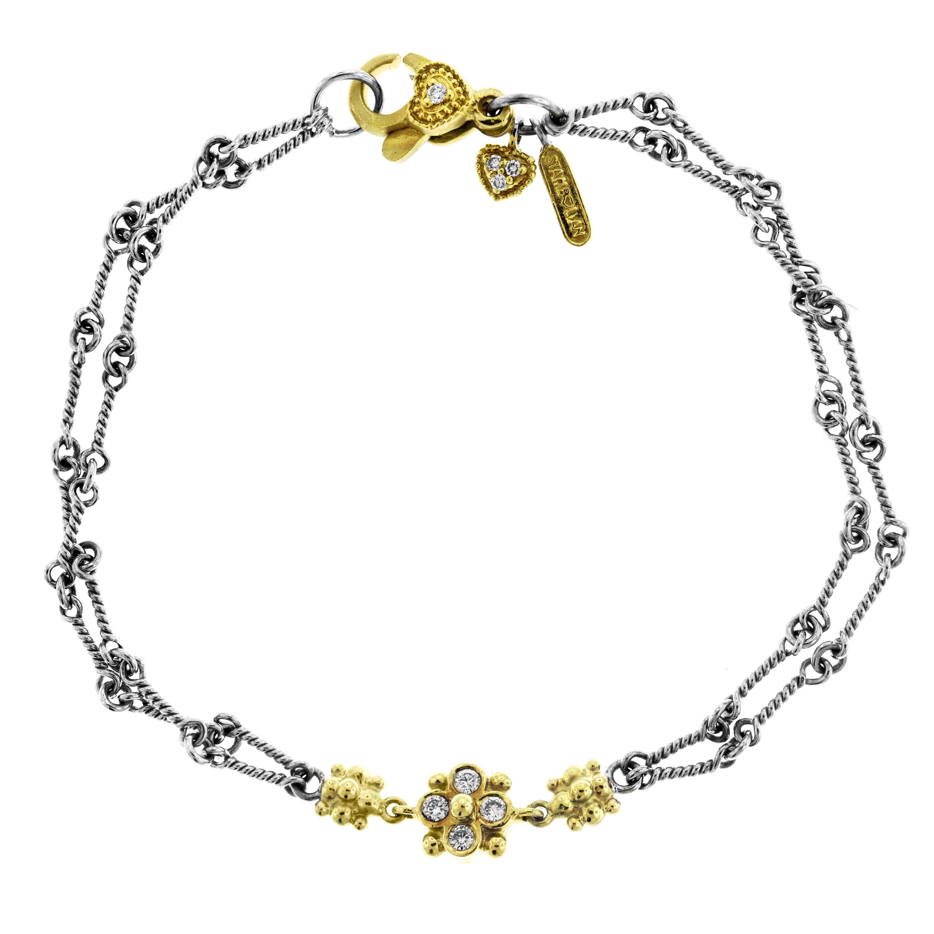 Two-Tone Yellow White Gold and Diamond Chain Bracelet with Flower Cluster