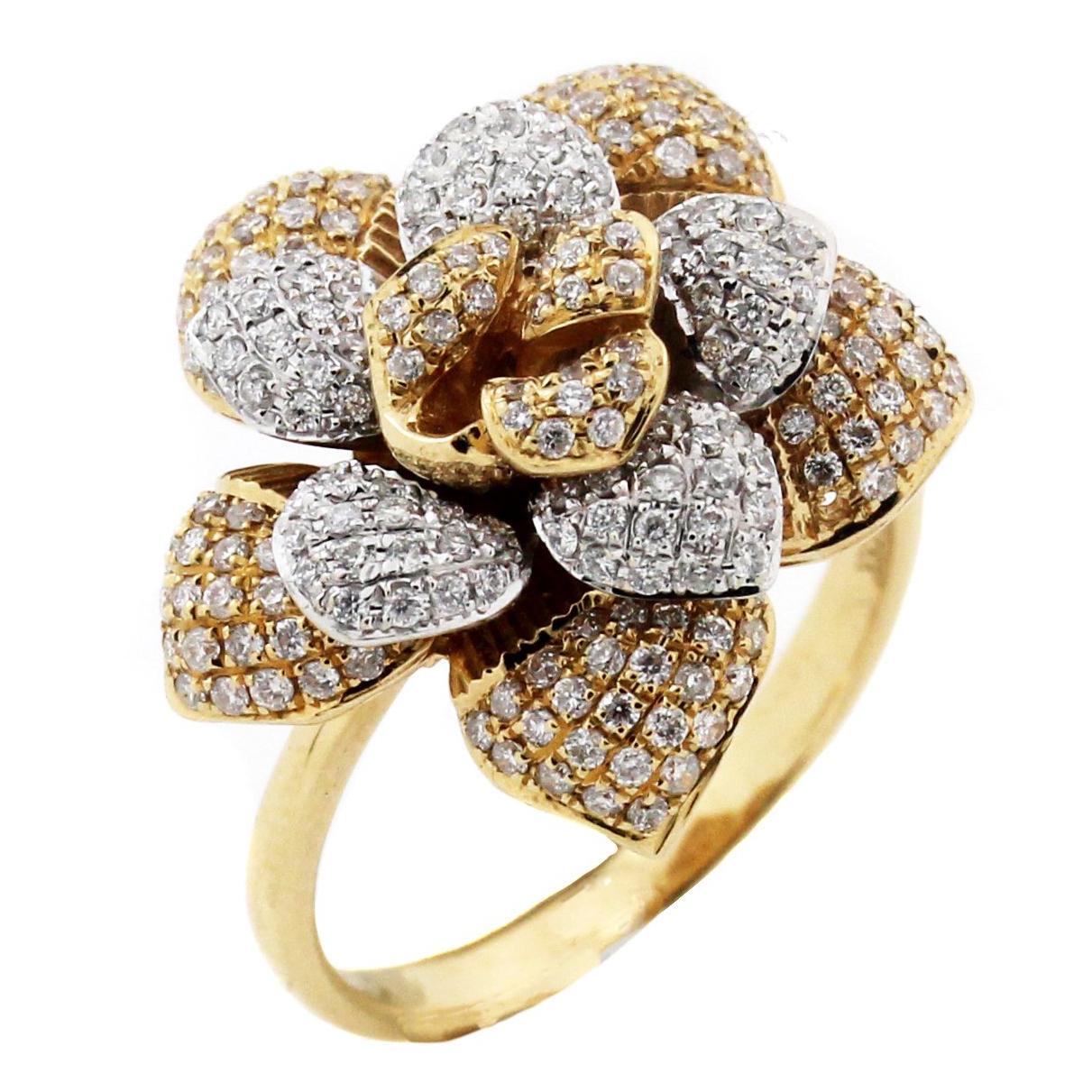 Two-Tone Yellow White Gold and Diamond Flower Ring