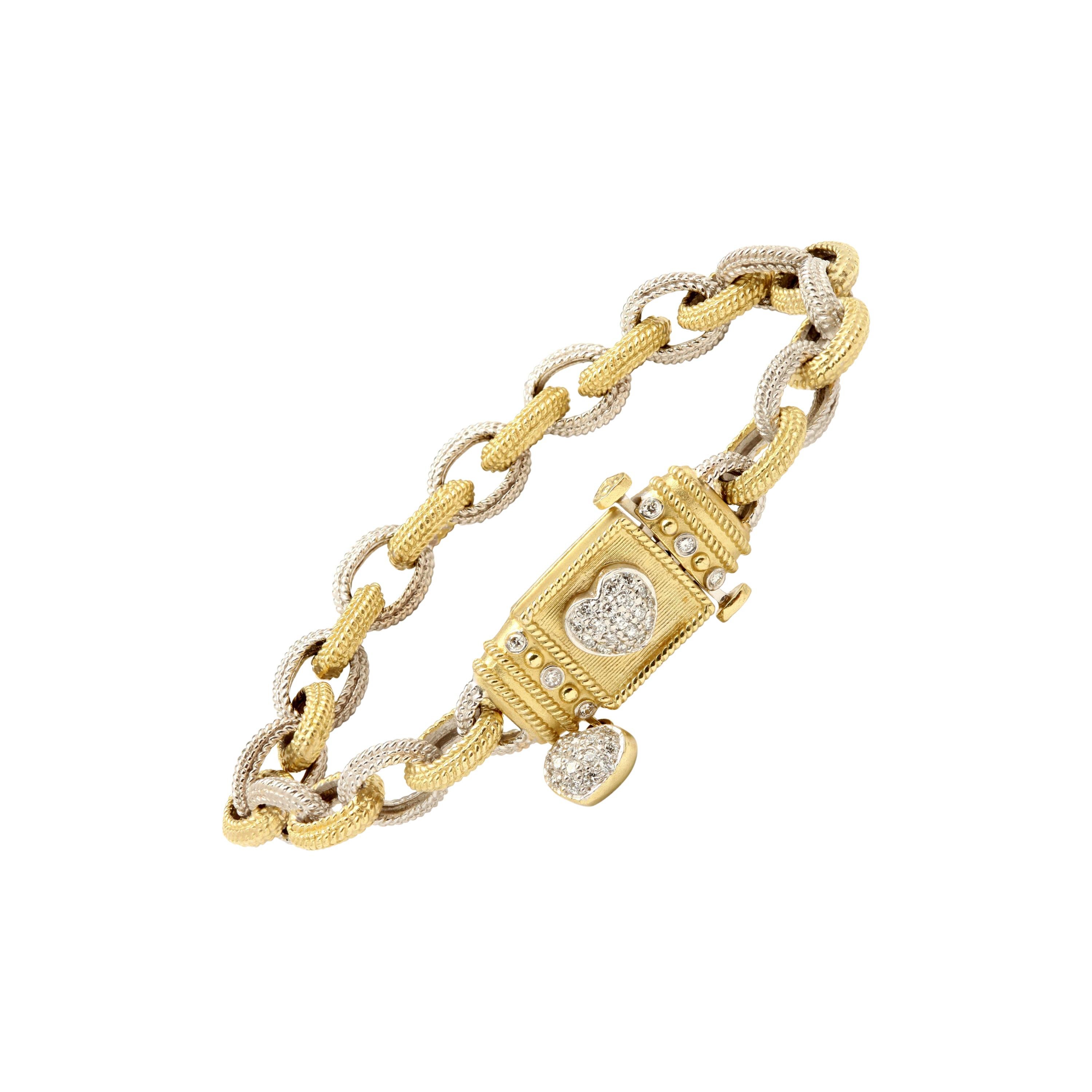 Two-Tone Yellow White Gold and Diamond Link Bracelet with Hearts Stambolian