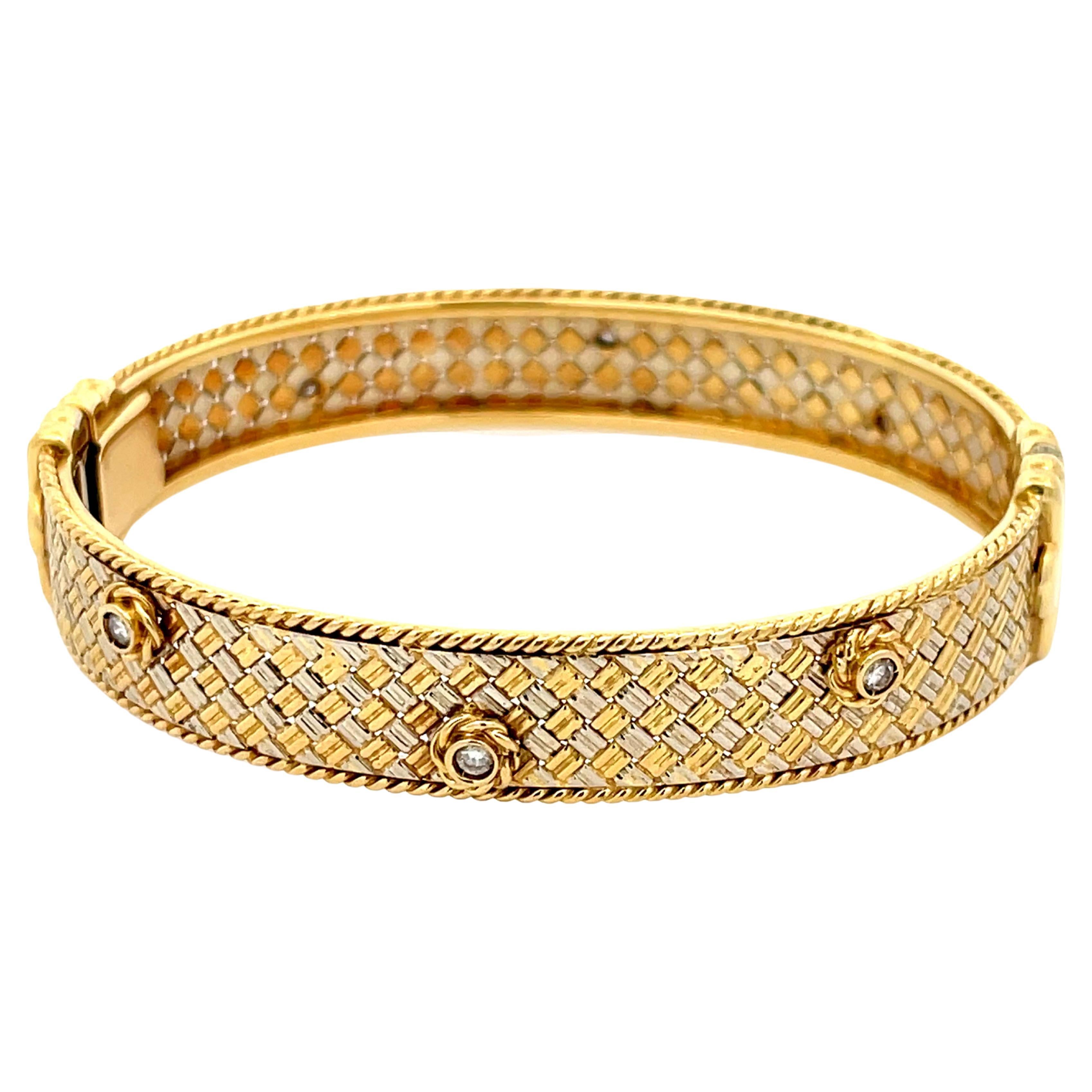 Two Toned 18k Gold Hinged Flower Diamond Bangle For Sale