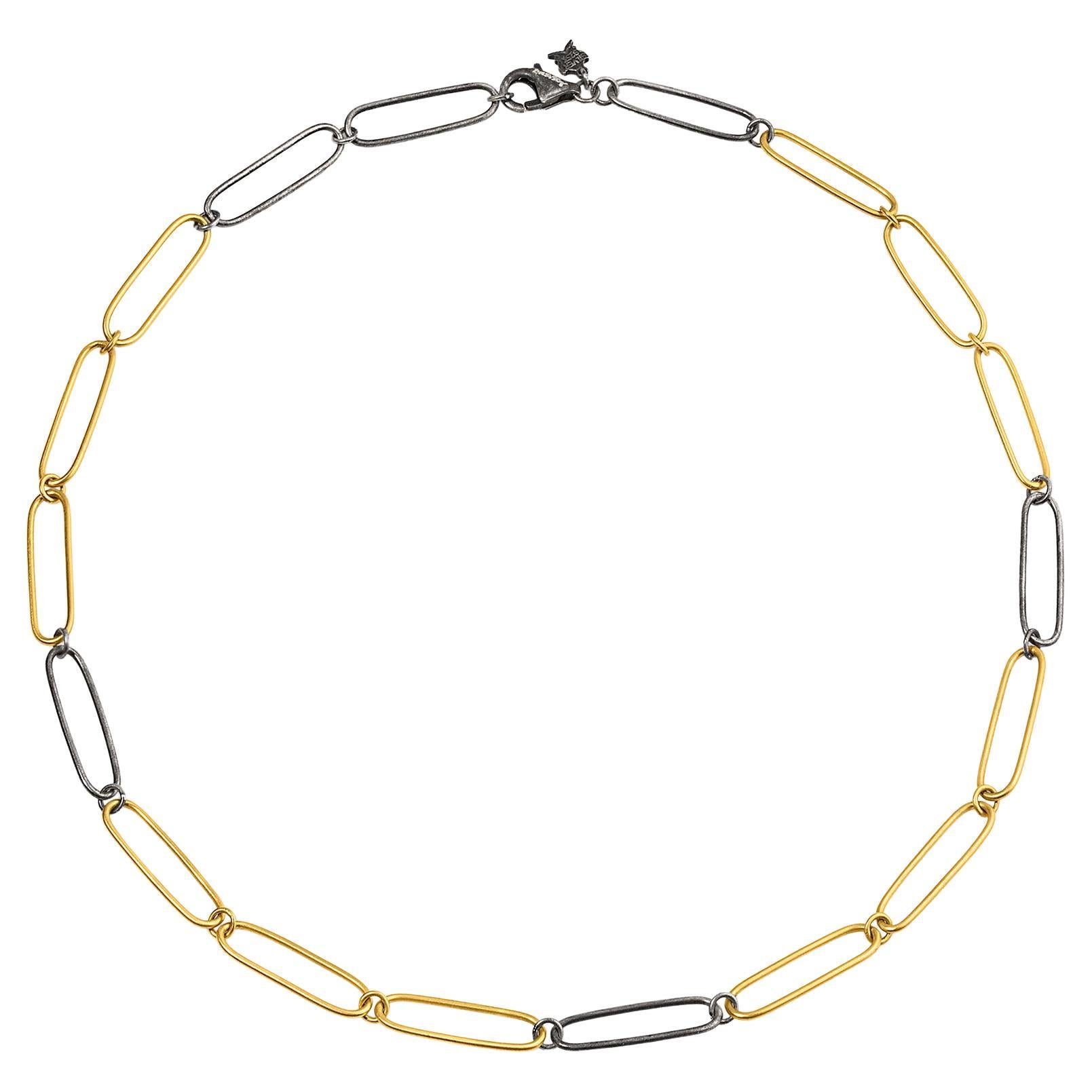 Two-Toned 24K Gold and Silver Chain 16" Link Paperclip Link Necklace For Sale