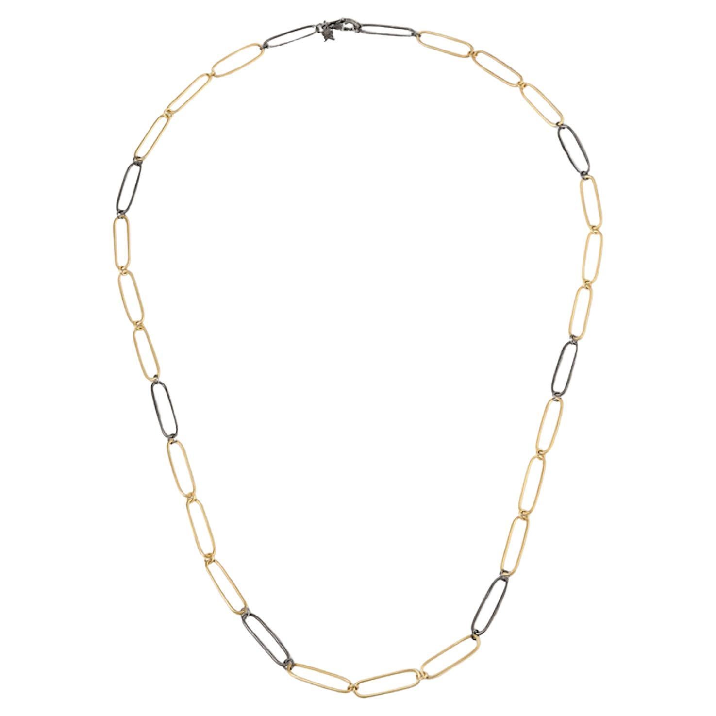 Two-Toned 24K Gold and Silver Long 25" Paperclip Link Chain Necklace by Kurtulan For Sale