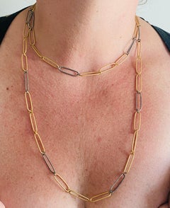 Two-Toned 24K Gold and Silver Long 25" Paperclip Link Chain Necklace by Kurtulan