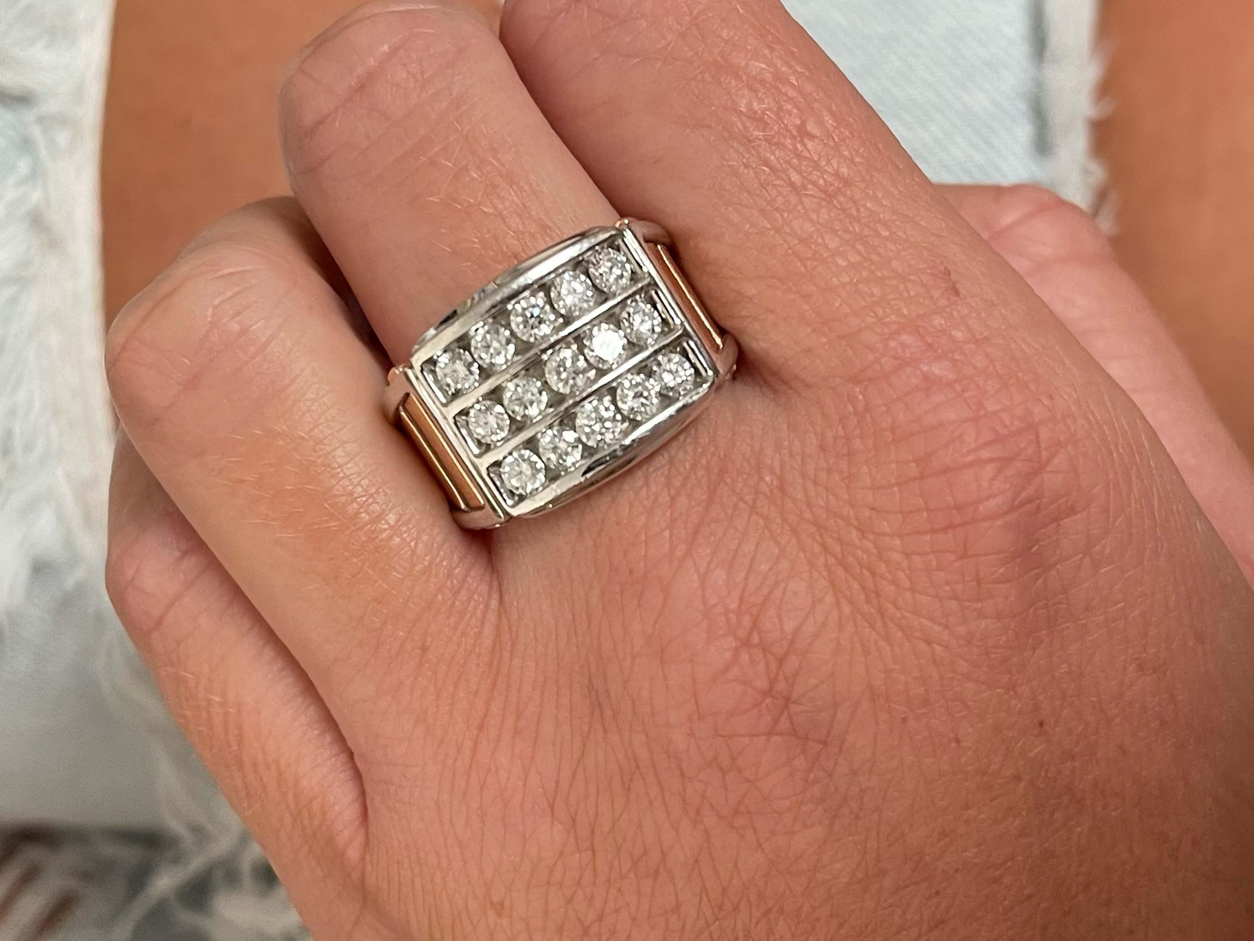 Item Specifications:

Metal: 14K White & Rose Gold

Style: Statement Ring

Ring Size: 9 (resizing available for a fee)

Total Weight: 13.30 Grams

Ring Width: 15.3 mm

Diamond Carat Weight: ~1.50 carats

Diamond Color: G-H

Diamond Clarity: