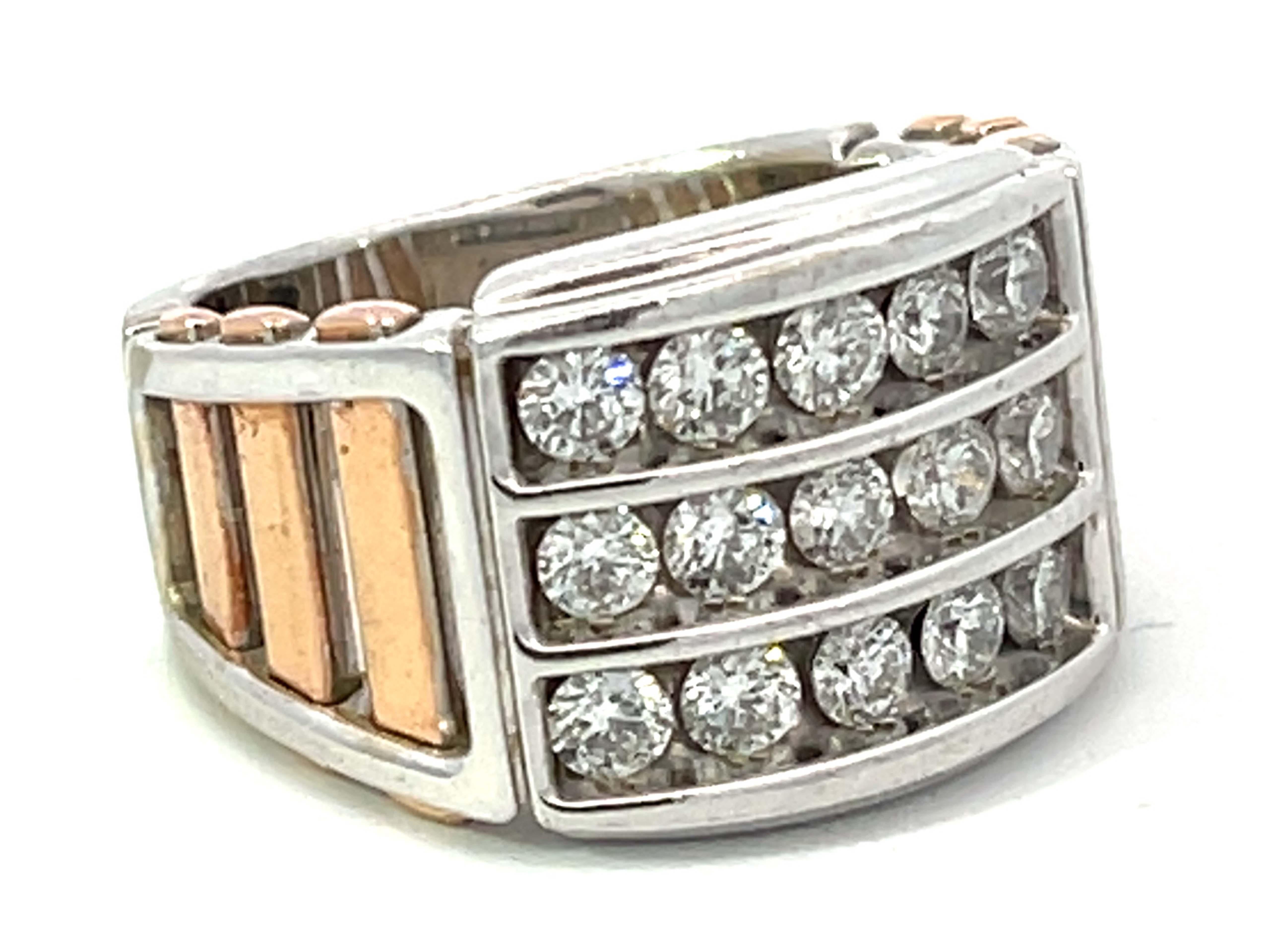 Modern Two Toned 3 Diamond Row Ring in 14k White and Rose Gold For Sale
