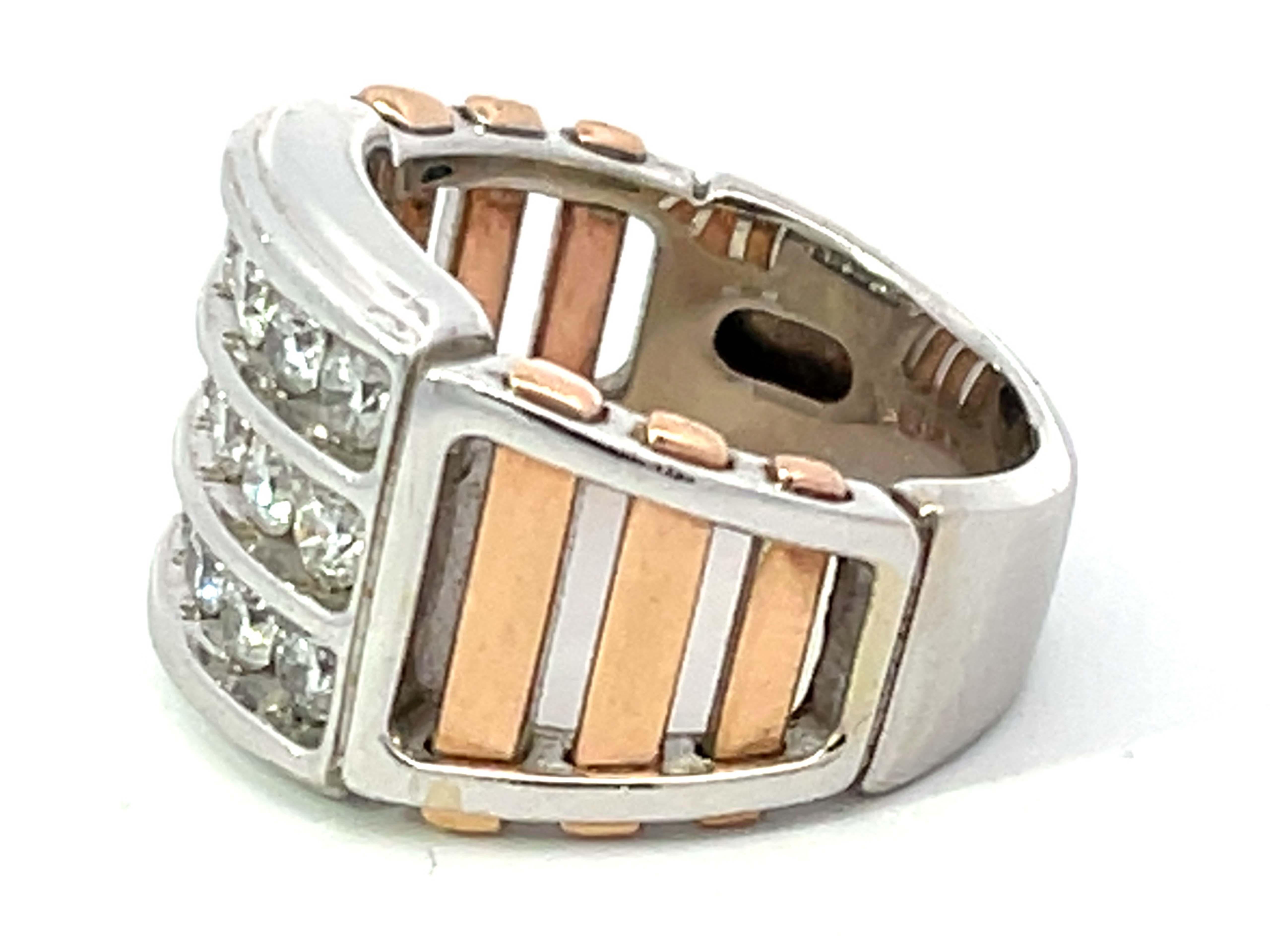 Women's Two Toned 3 Diamond Row Ring in 14k White and Rose Gold For Sale