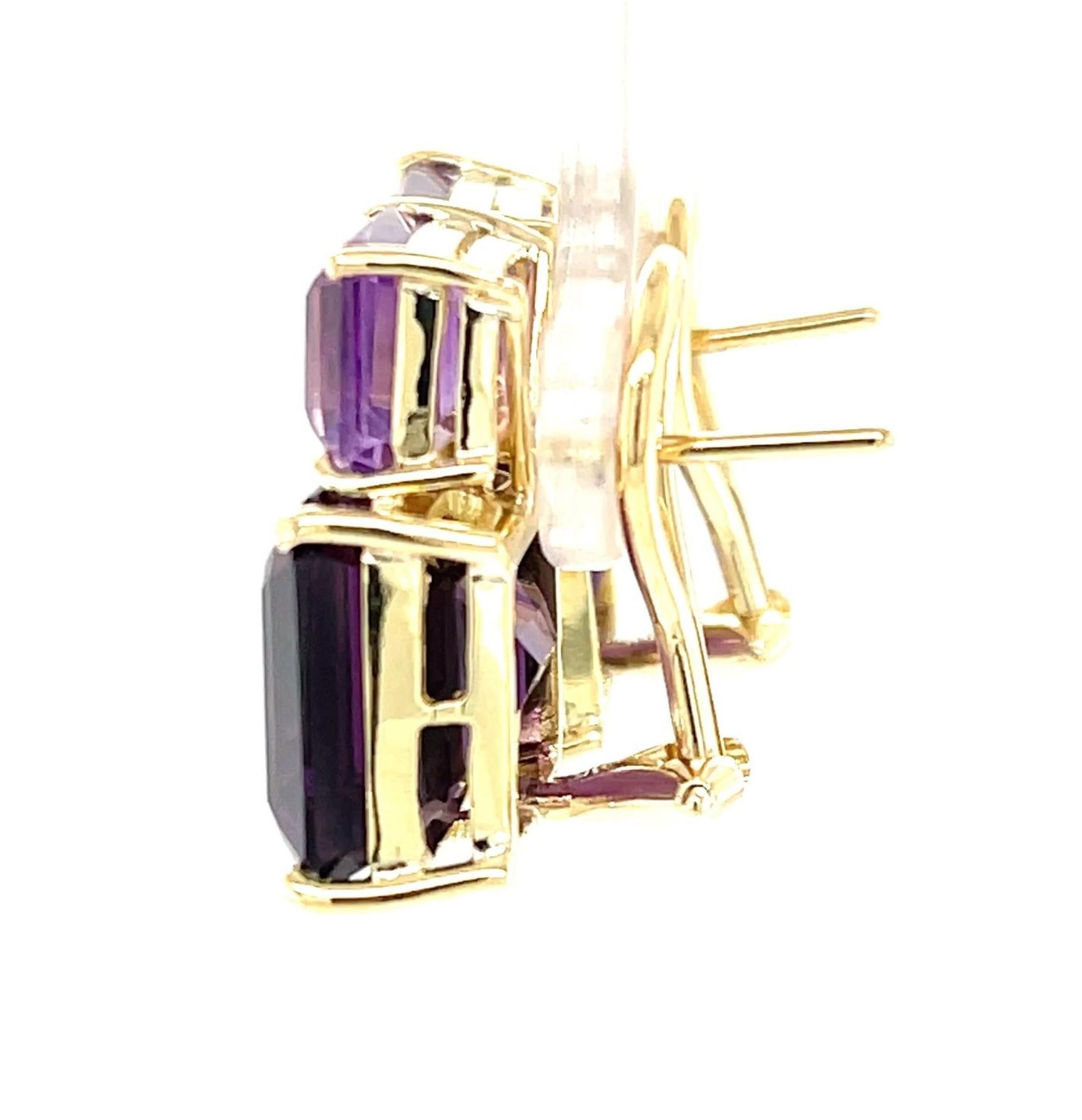 Artisan Two-toned Amethyst and 18k Yellow Gold French Clip Earrings, 24.62 Carats Total For Sale