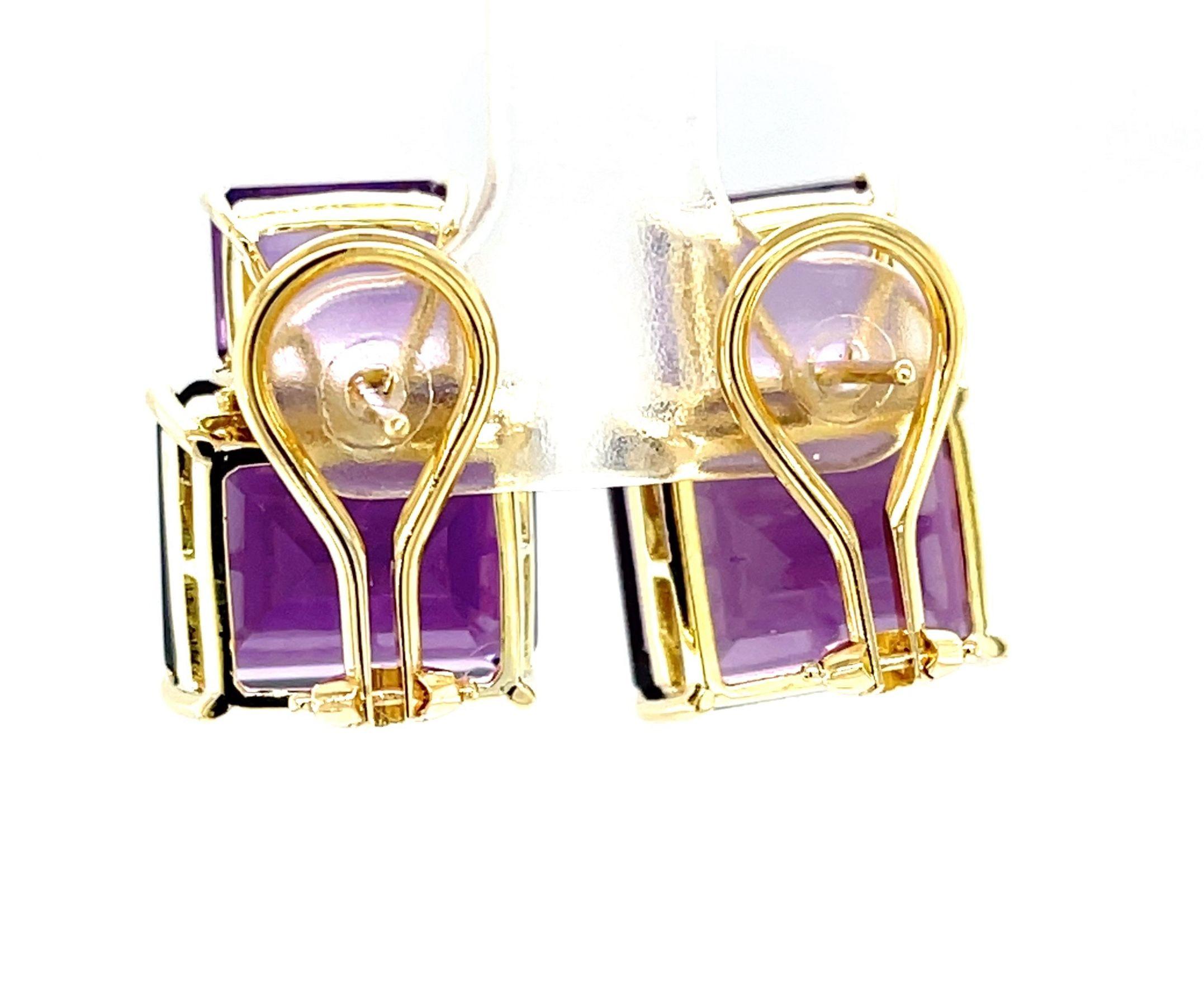 Emerald Cut Two-toned Amethyst and 18k Yellow Gold French Clip Earrings, 24.62 Carats Total For Sale