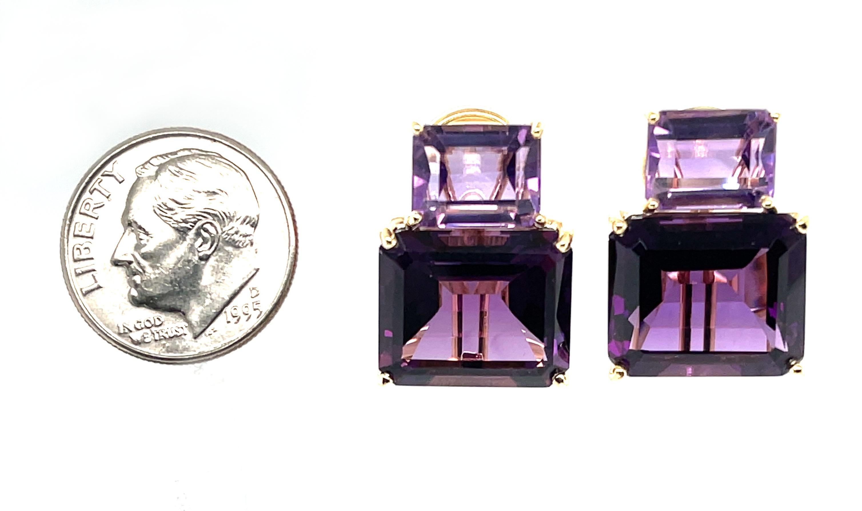 Two-toned Amethyst and 18k Yellow Gold French Clip Earrings, 24.62 Carats Total In New Condition For Sale In Los Angeles, CA