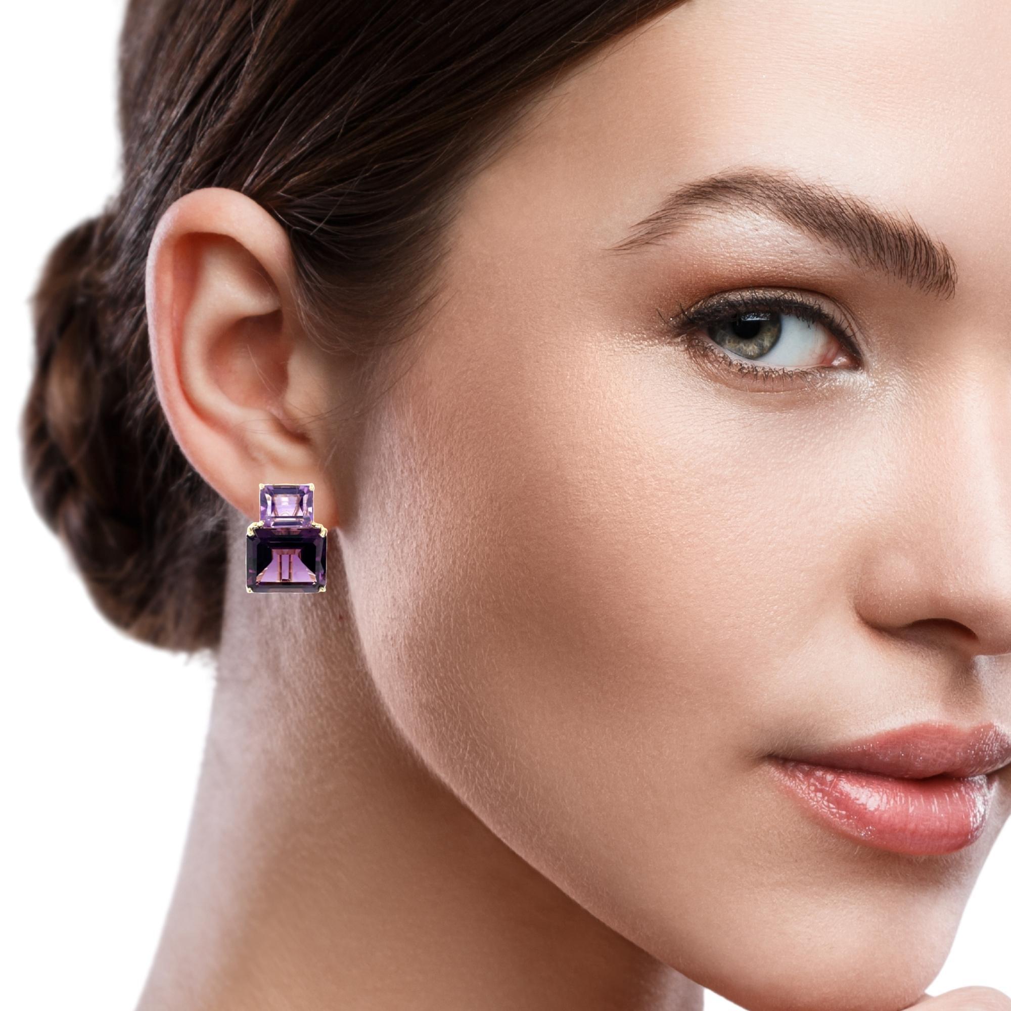 Two-toned Amethyst and 18k Yellow Gold French Clip Earrings, 24.62 Carats Total For Sale 1