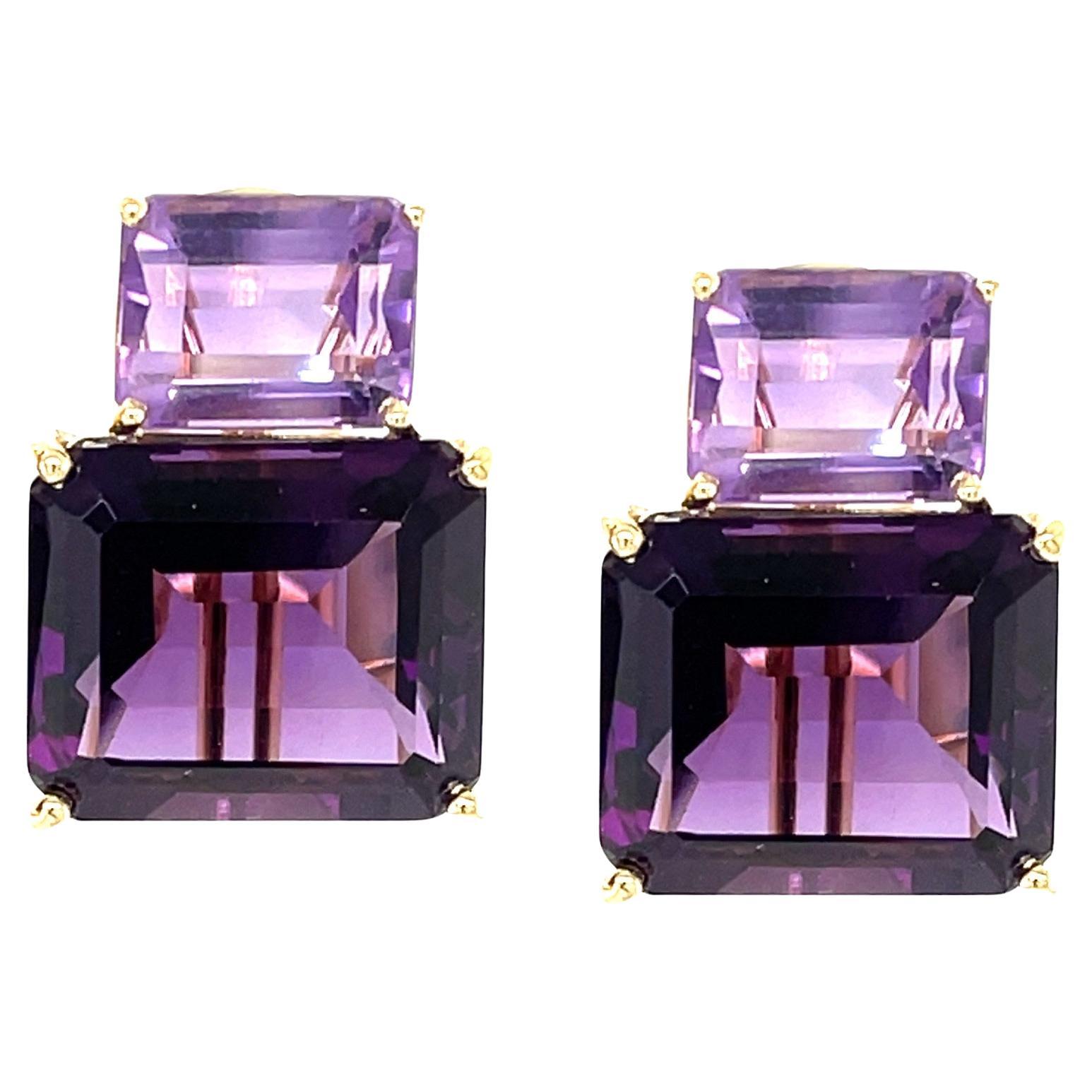 Two-toned Amethyst and 18k Yellow Gold French Clip Earrings, 24.62 Carats Total For Sale