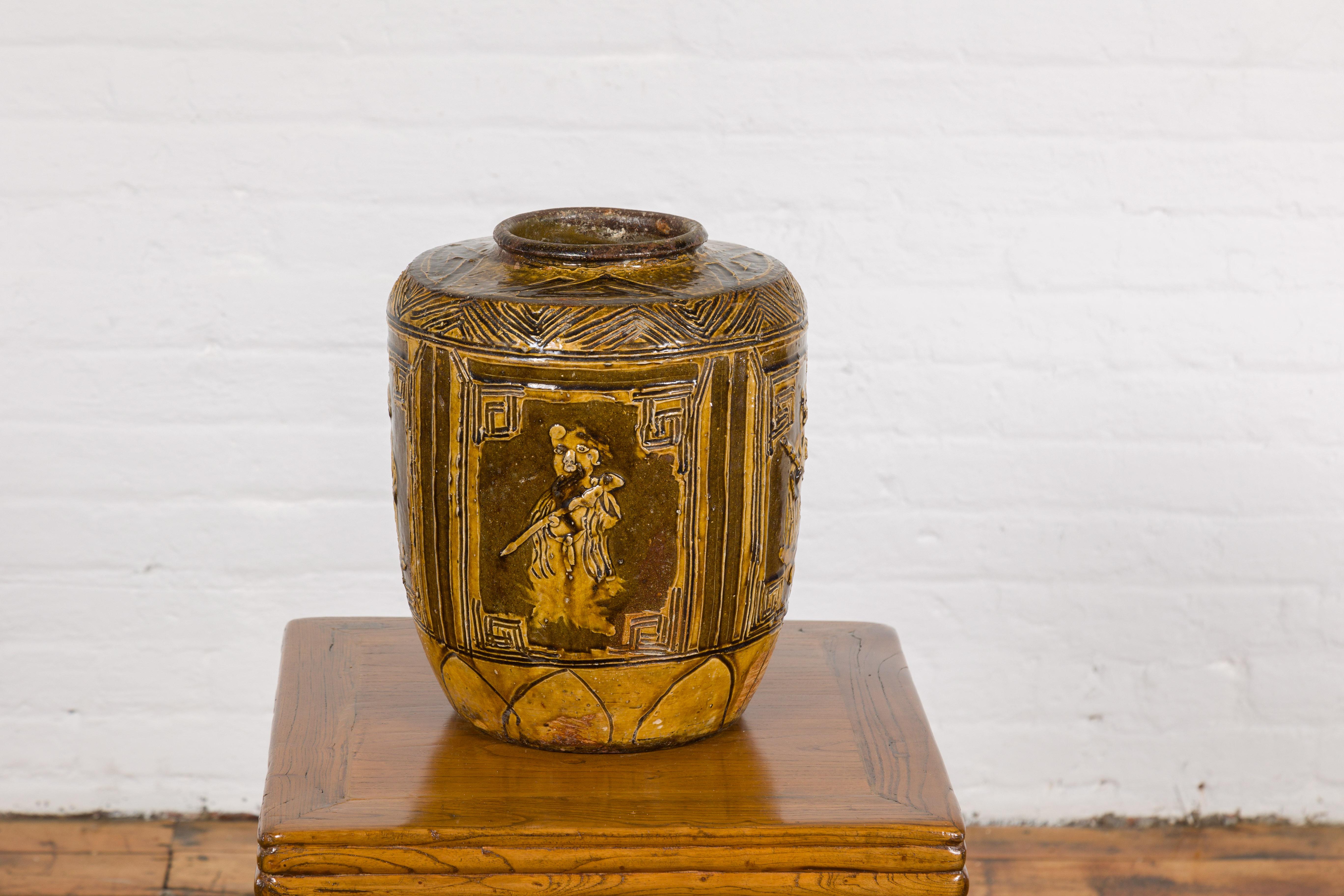 Two-Toned Brown Vase with Archaic Style Figures and Calligraphy Motifs For Sale 9