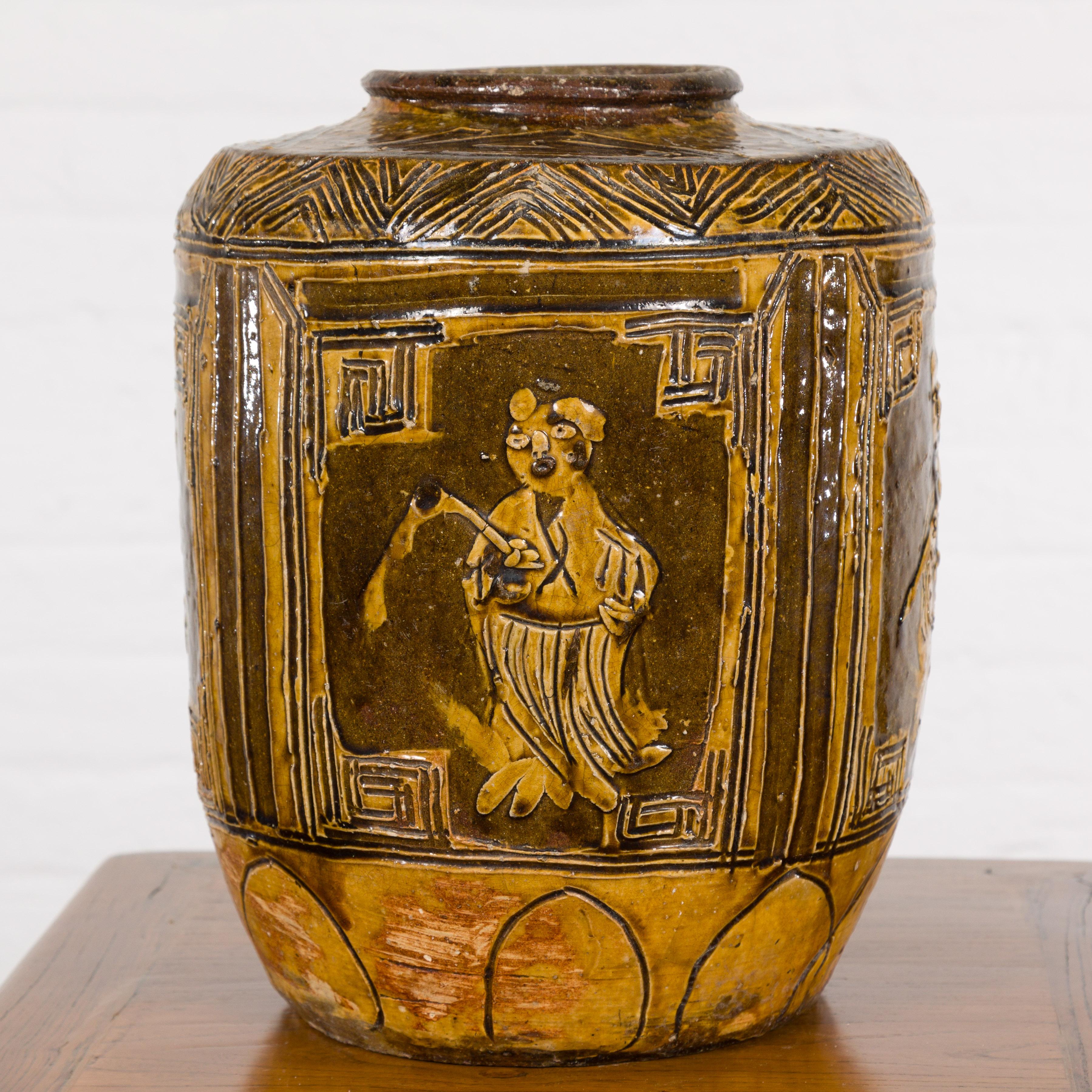 Two-Toned Brown Vase with Archaic Style Figures and Calligraphy Motifs In Good Condition For Sale In Yonkers, NY