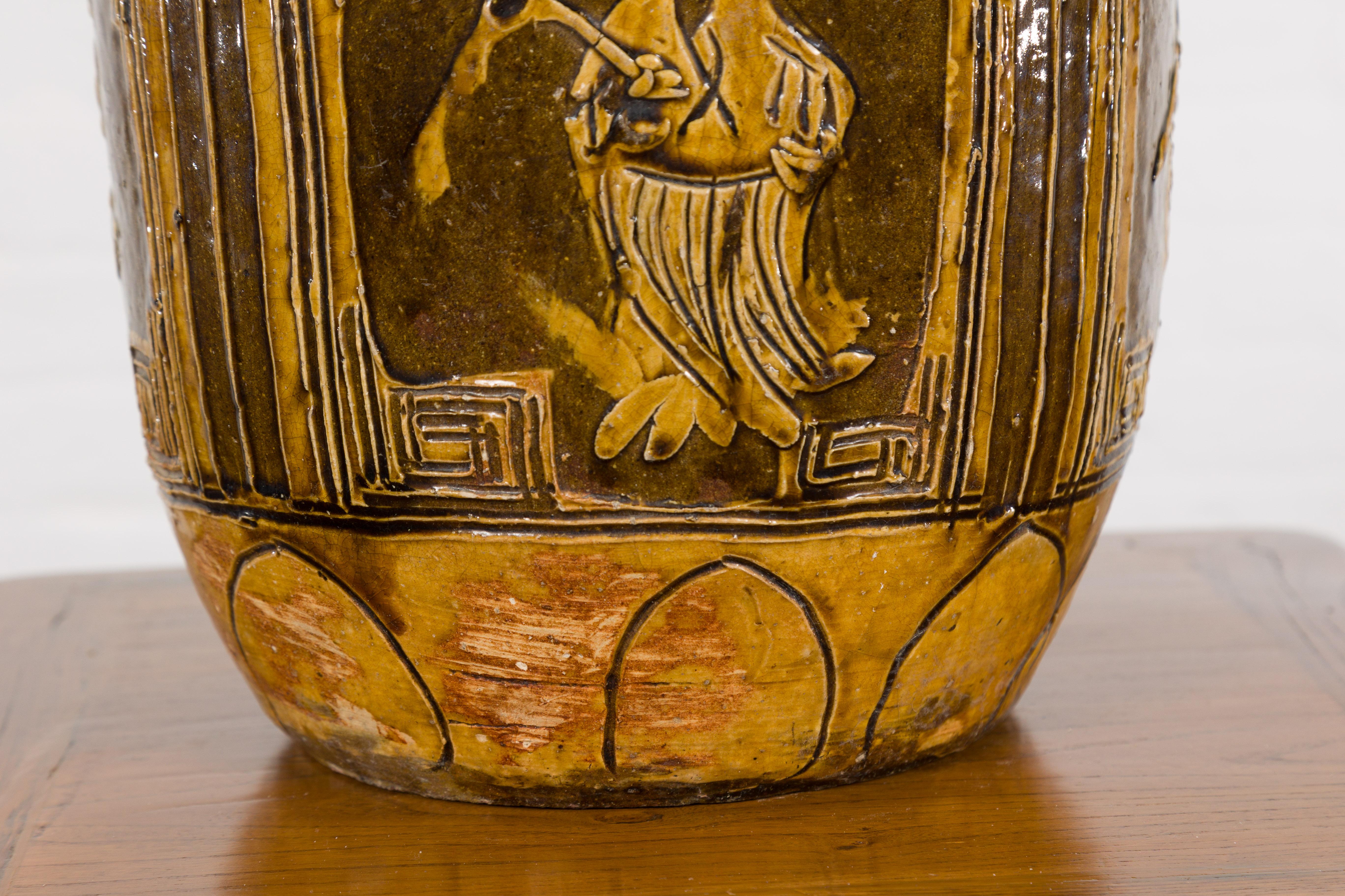 Two-Toned Brown Vase with Archaic Style Figures and Calligraphy Motifs For Sale 2
