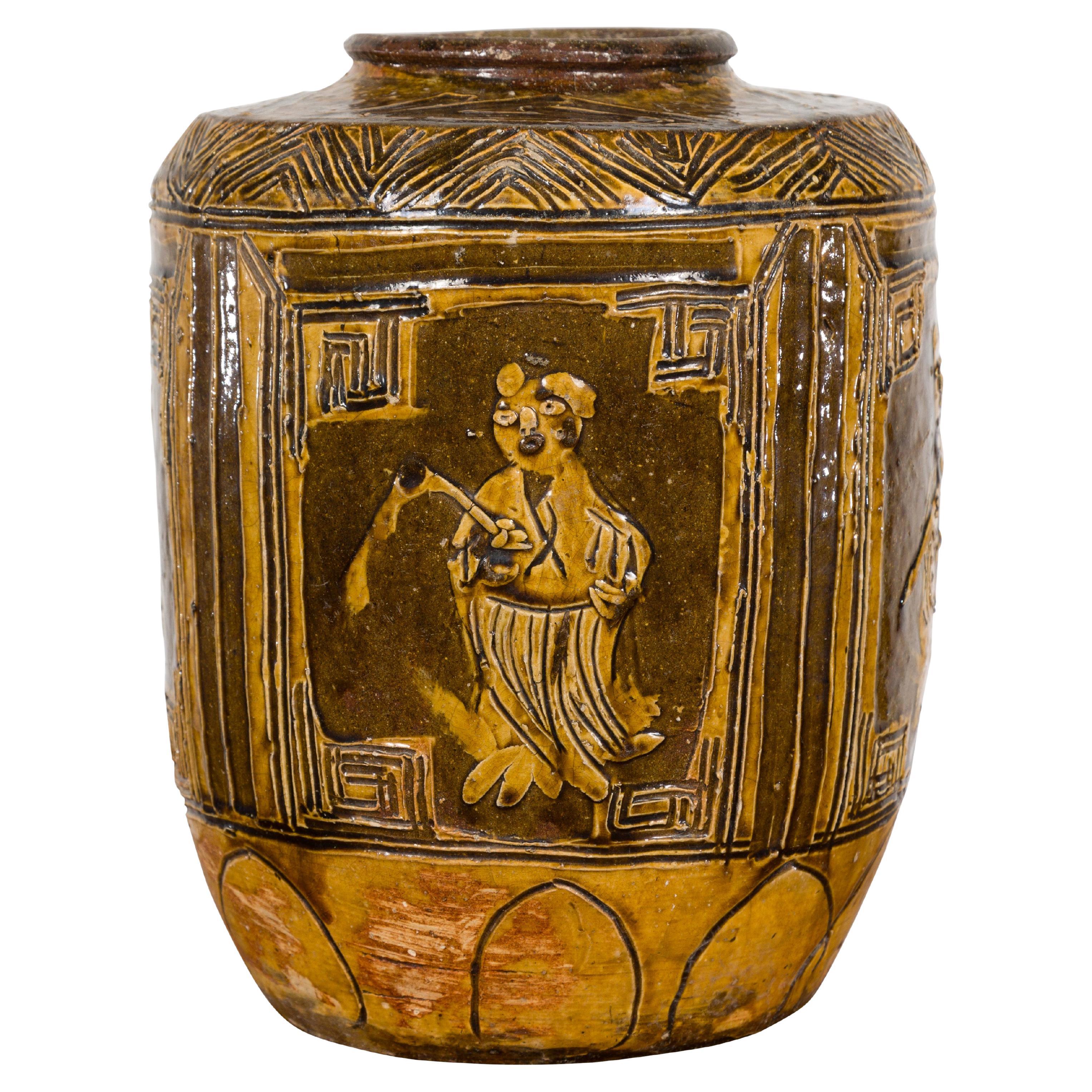 Two-Toned Brown Vase with Archaic Style Figures and Calligraphy Motifs For Sale