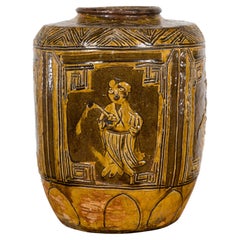 Zweifarbige braune Vase mit Figuren im archaischen Stil und kalligraphischen Motiven