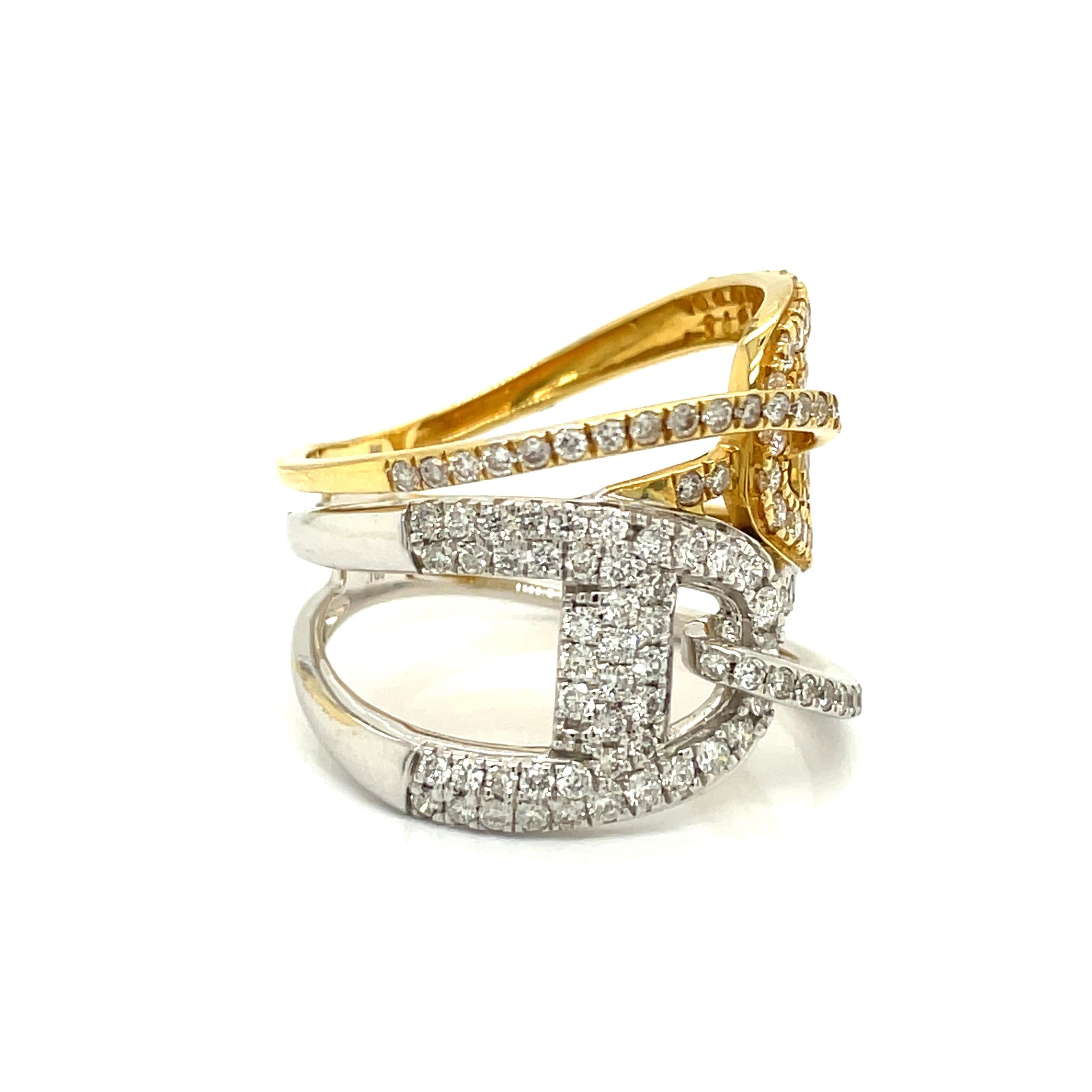 This two toned white and yellow gold designer ring is perfect for everyday use or special occasions! Featuring 132 stunning round diamonds, weighing 1.25 carats, all set in 6.80 grams of 18k yellow and white gold. 

