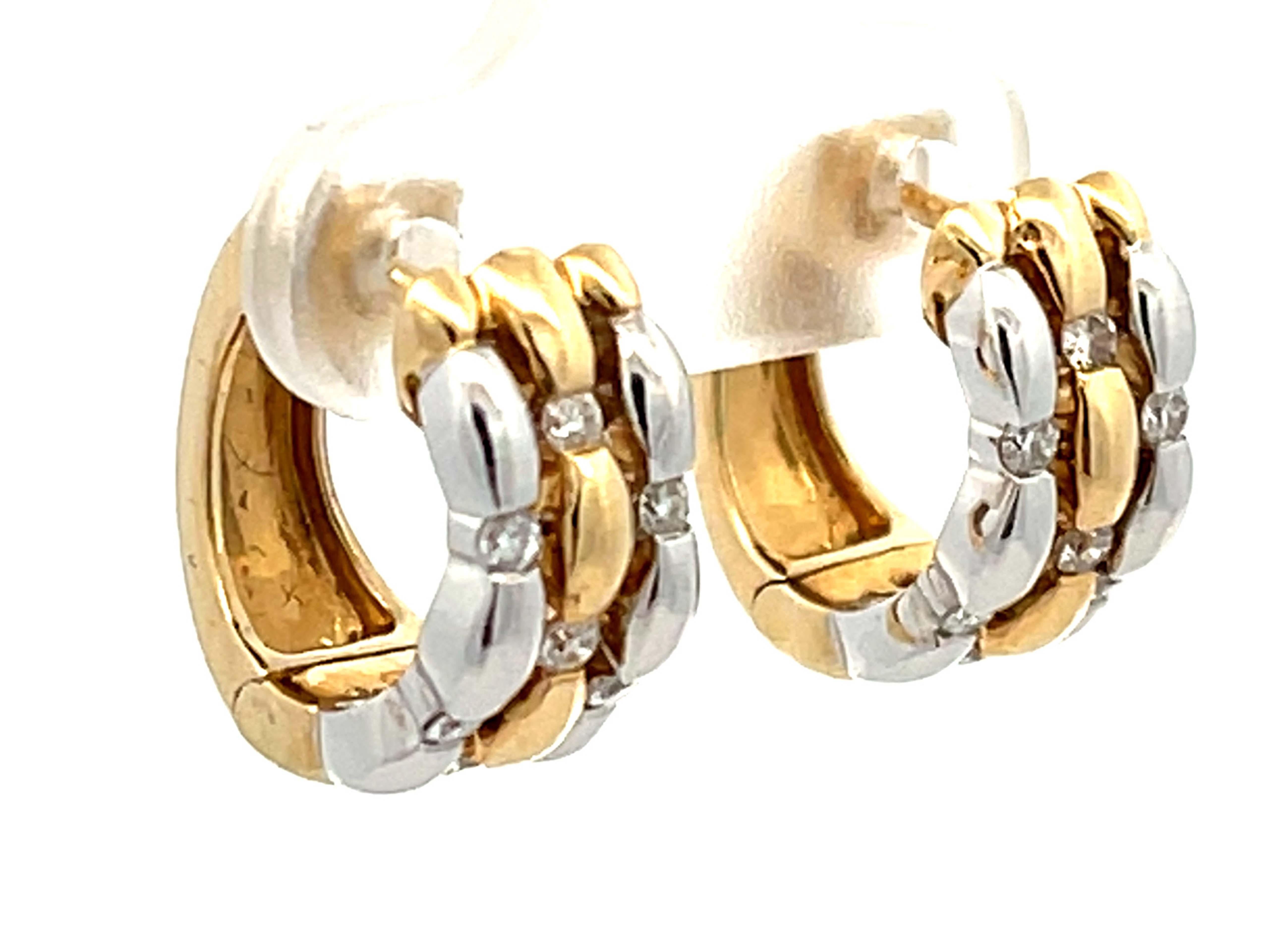 Modern Two Toned Diamond Hoop Earrings in 14k Yellow and White Gold For Sale