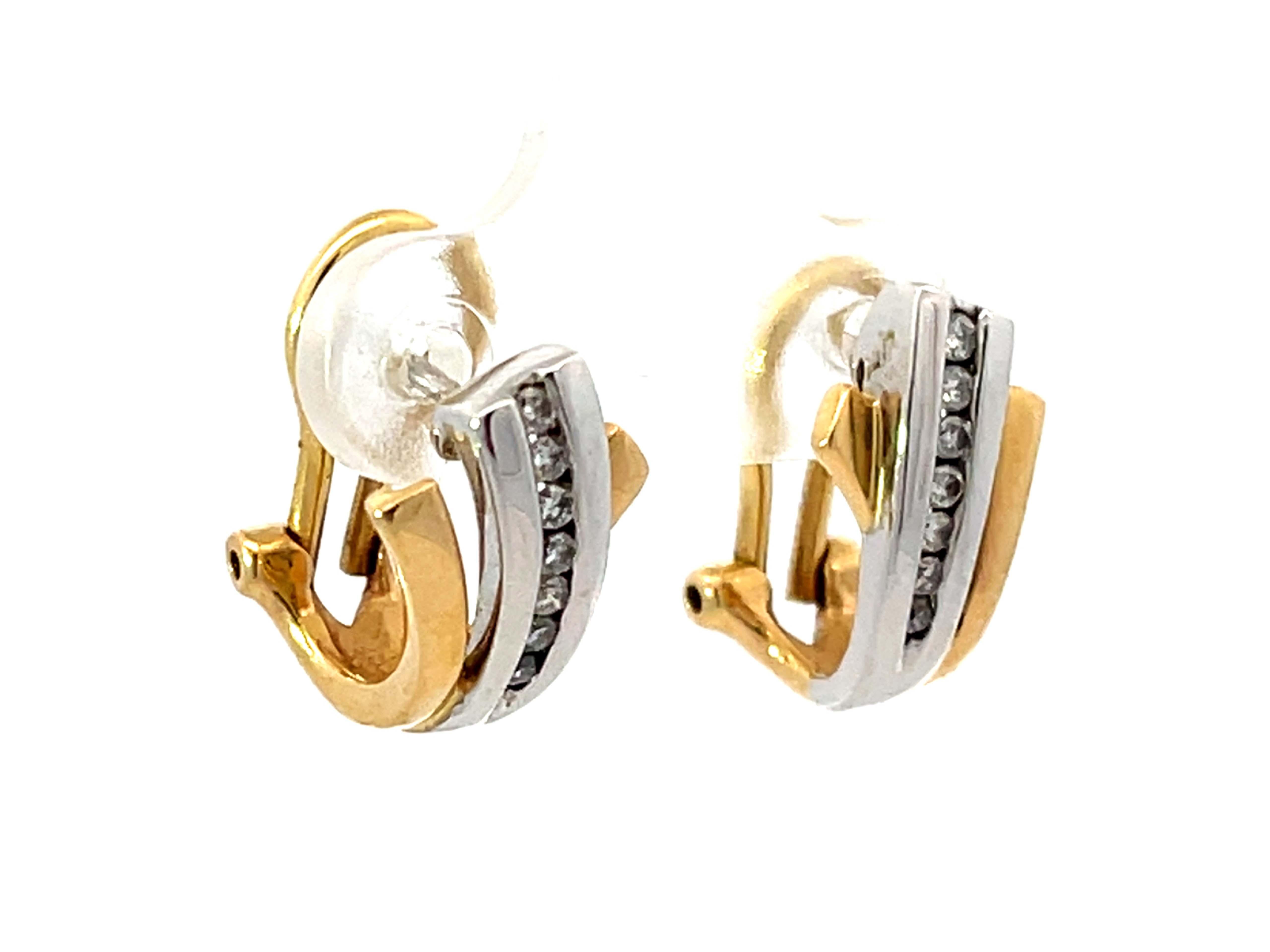 Modern Two Toned Diamond Omega Back Earrings 14K Gold For Sale