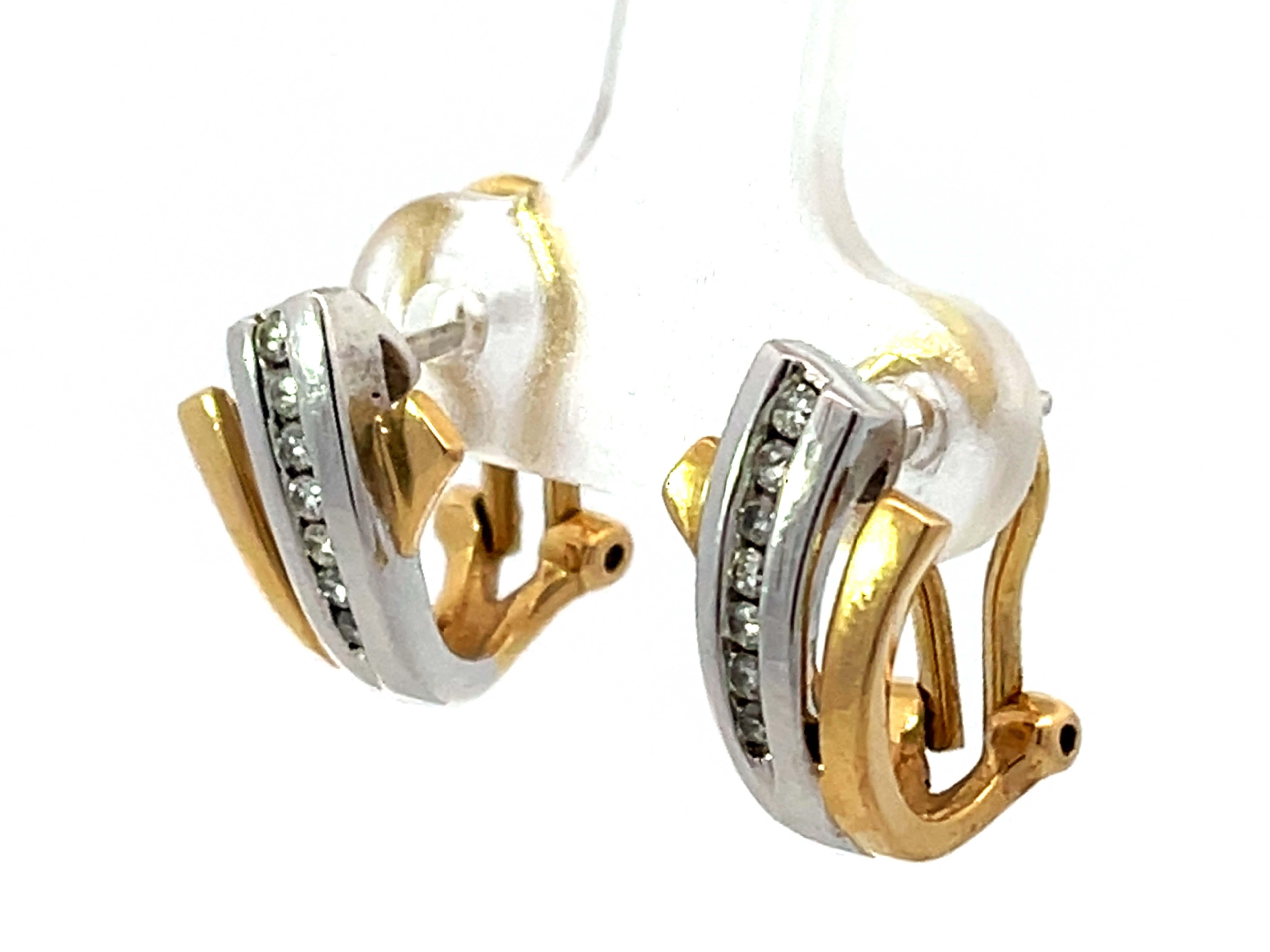 Brilliant Cut Two Toned Diamond Omega Back Earrings 14K Gold For Sale