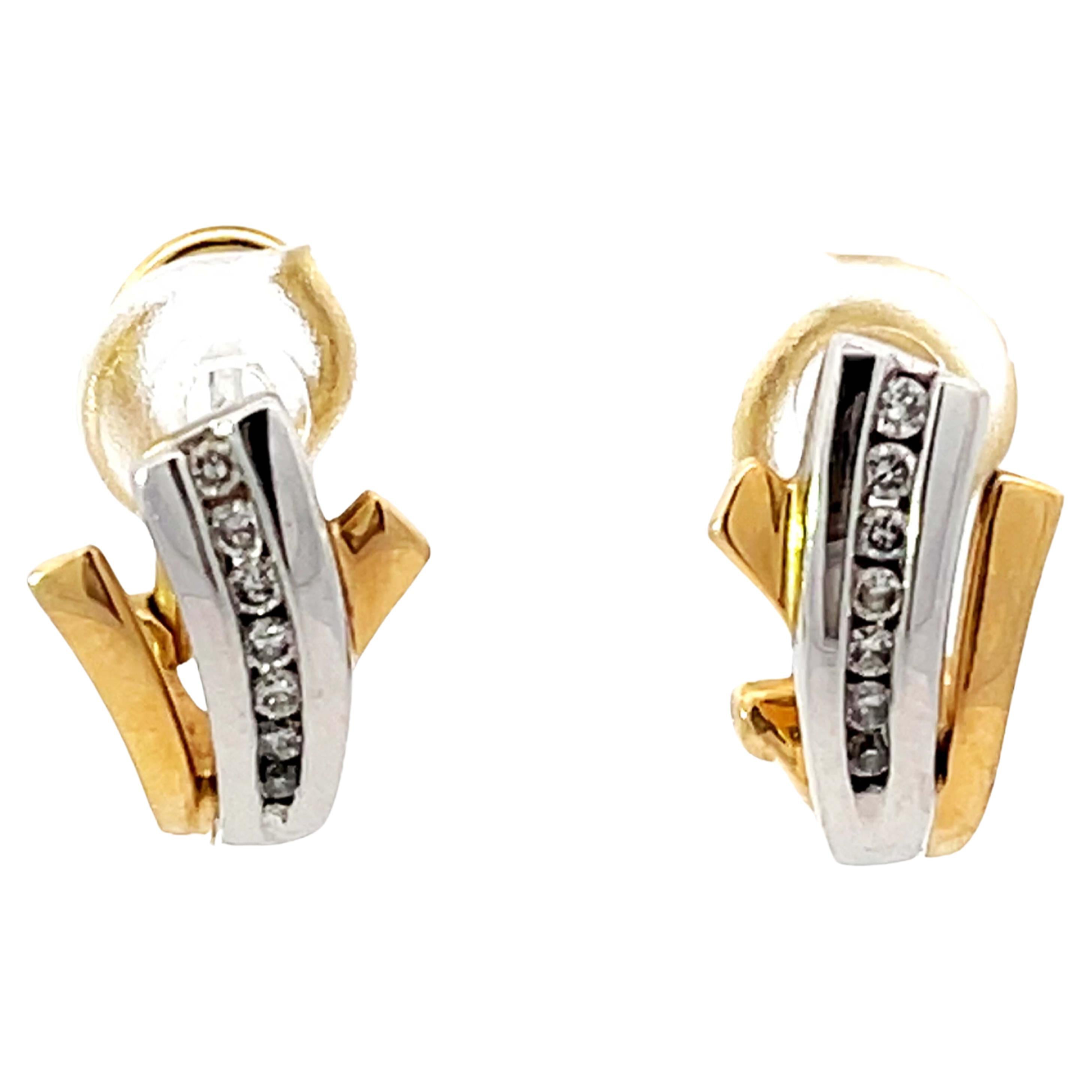 Two Toned Diamond Omega Back Earrings 14K Gold For Sale