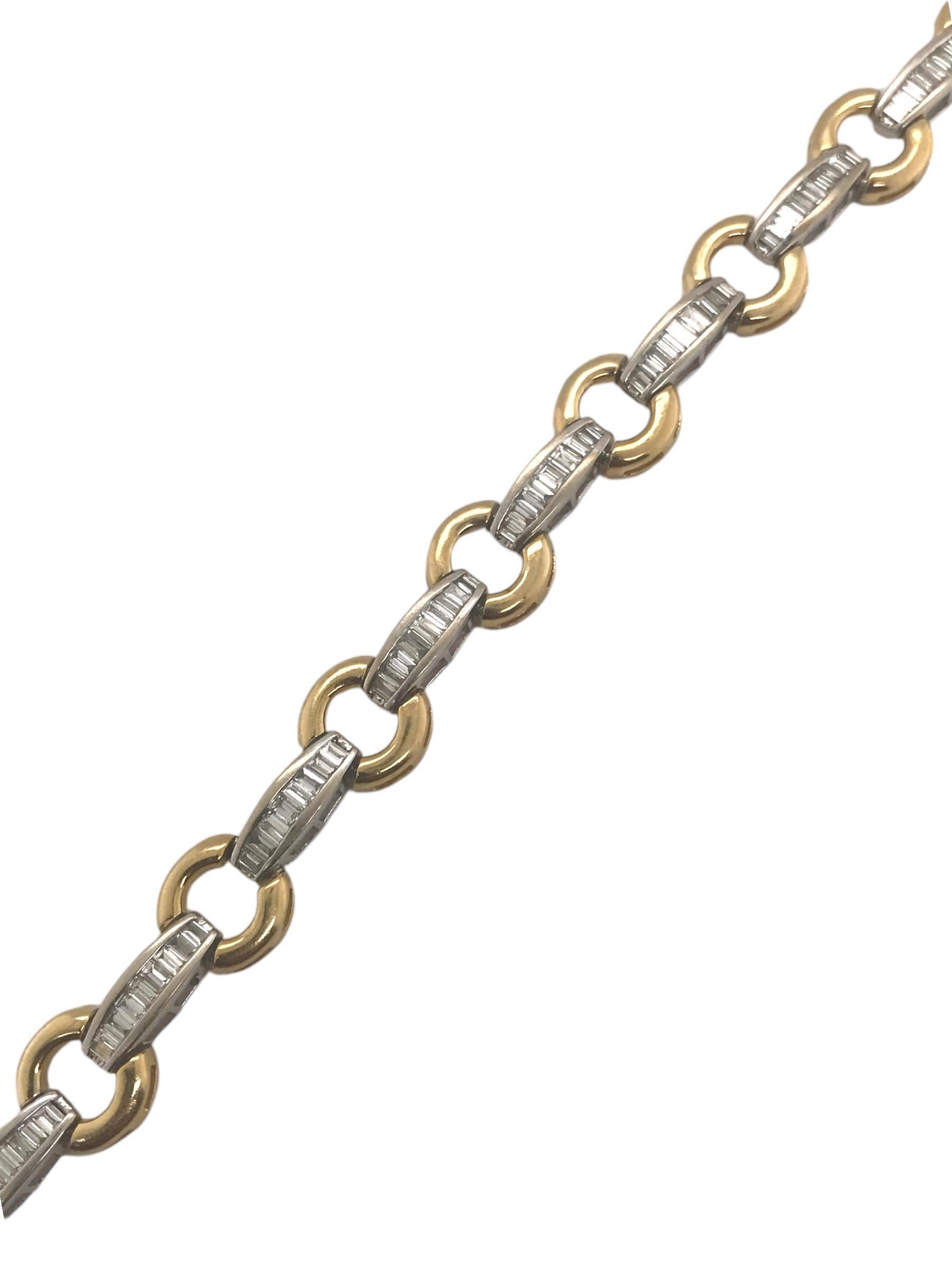 Contemporary Two Toned Gold Baguette Cut Diamond Tennis Bracelet 3 Carat