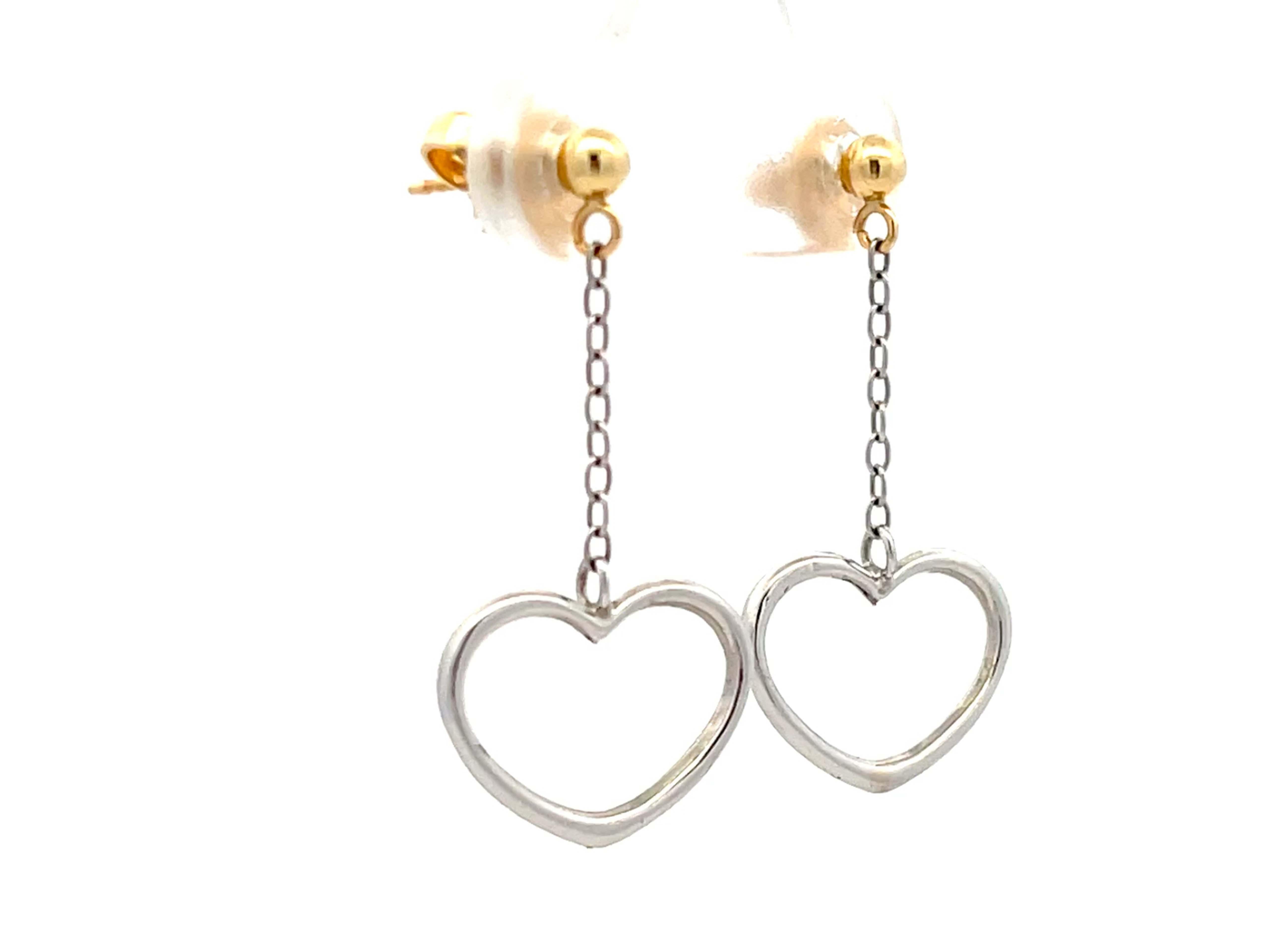 Modern Two Toned Gold Dangly Heart Earrings For Sale