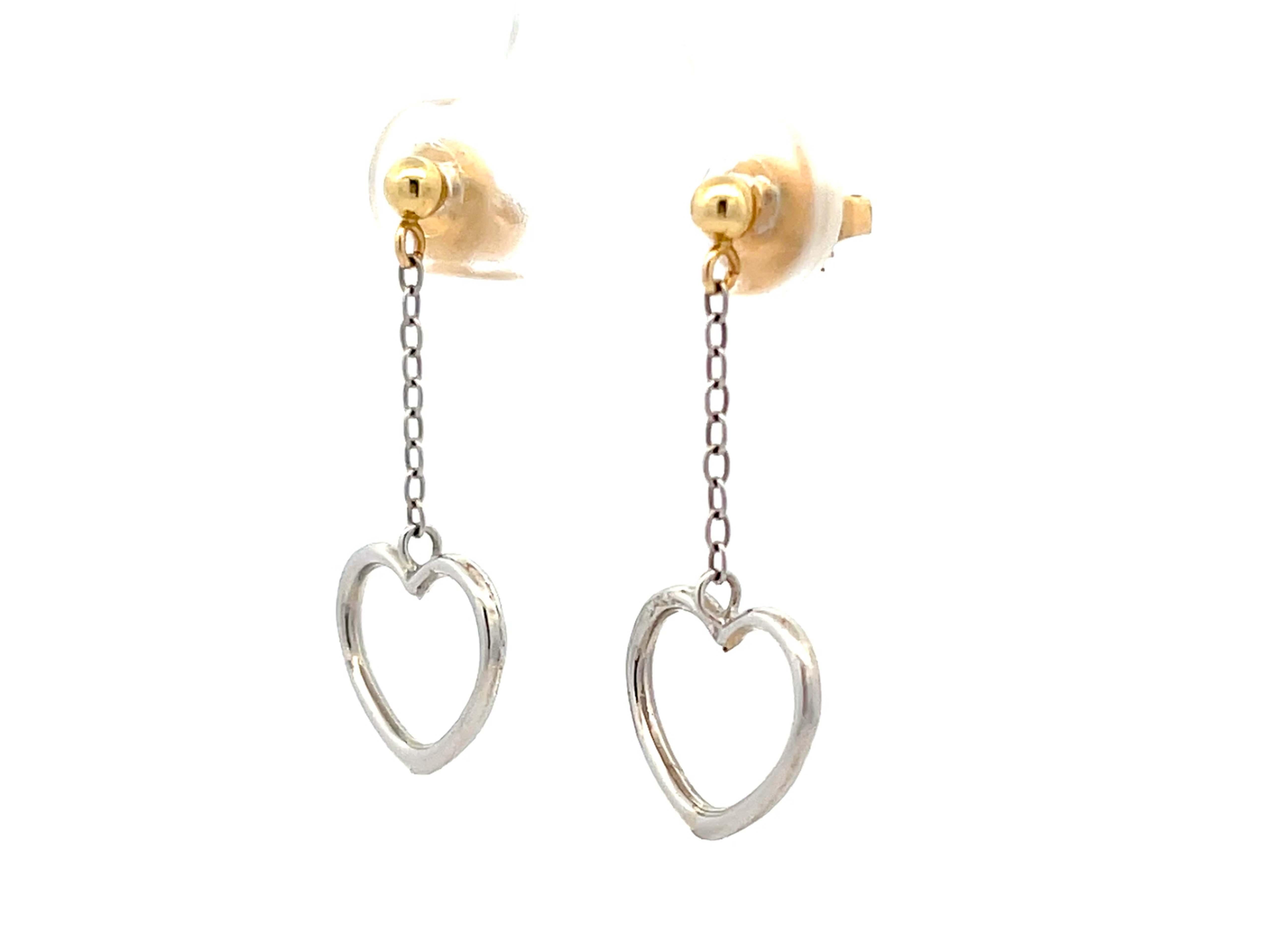 Two Toned Gold Dangly Heart Earrings In New Condition For Sale In Honolulu, HI