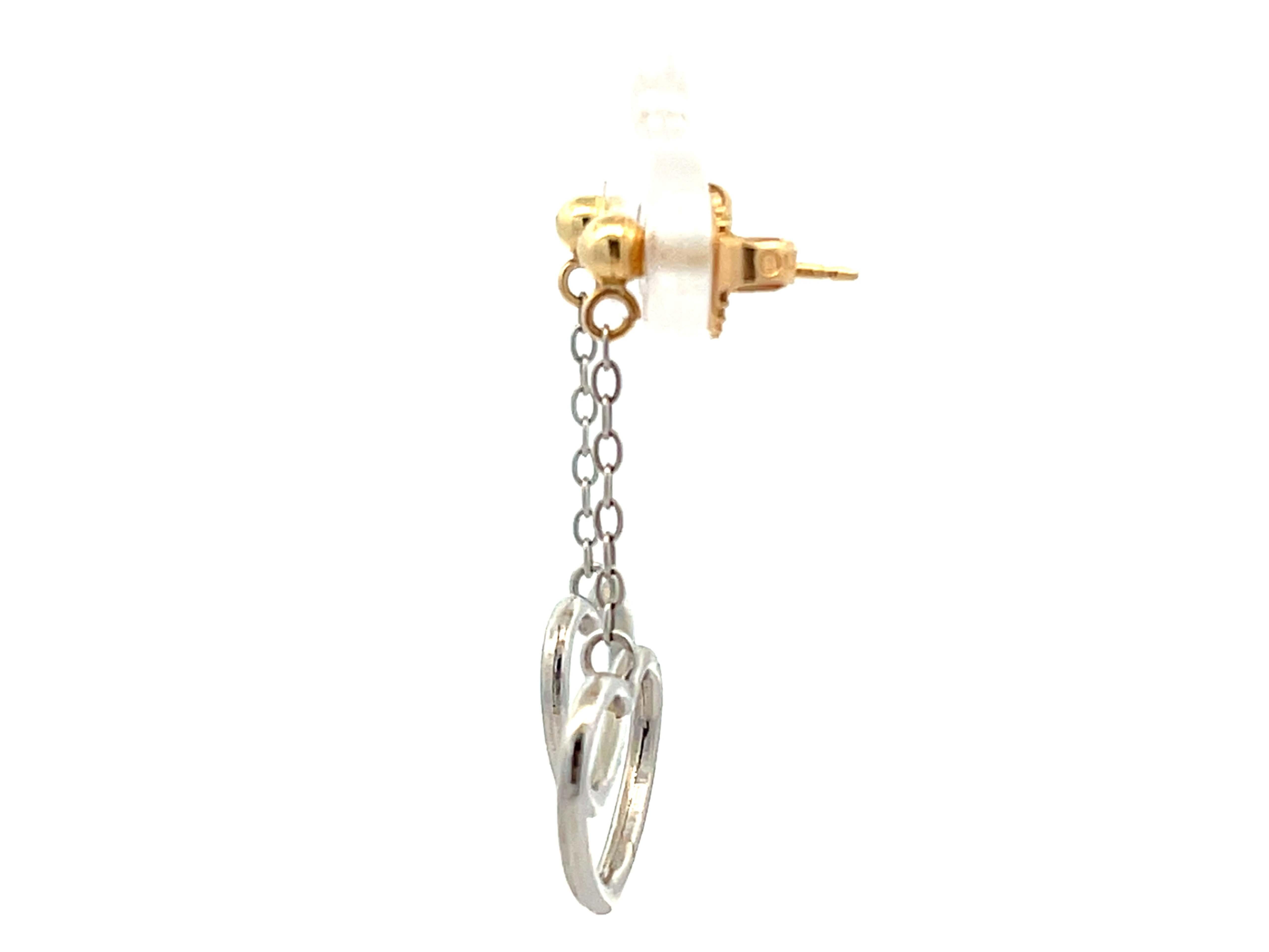 Two Toned Gold Dangly Heart Earrings For Sale 1