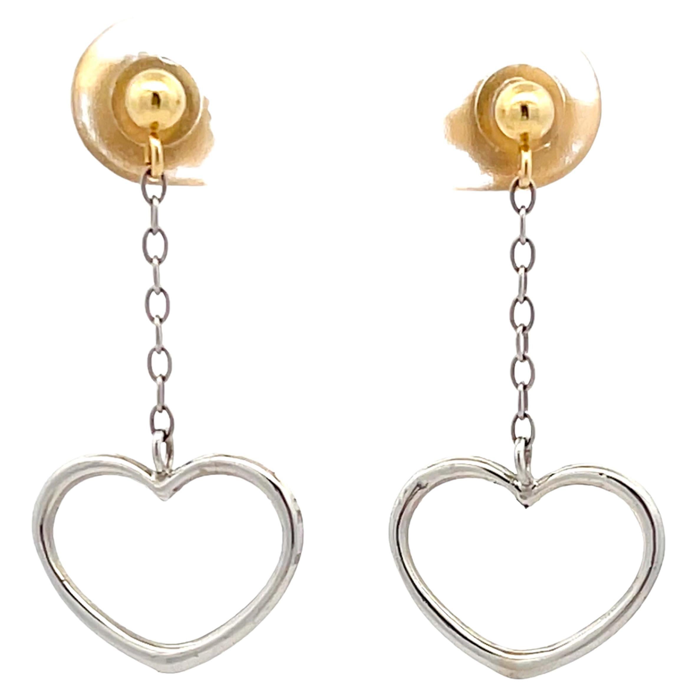 Two Toned Gold Dangly Heart Earrings For Sale