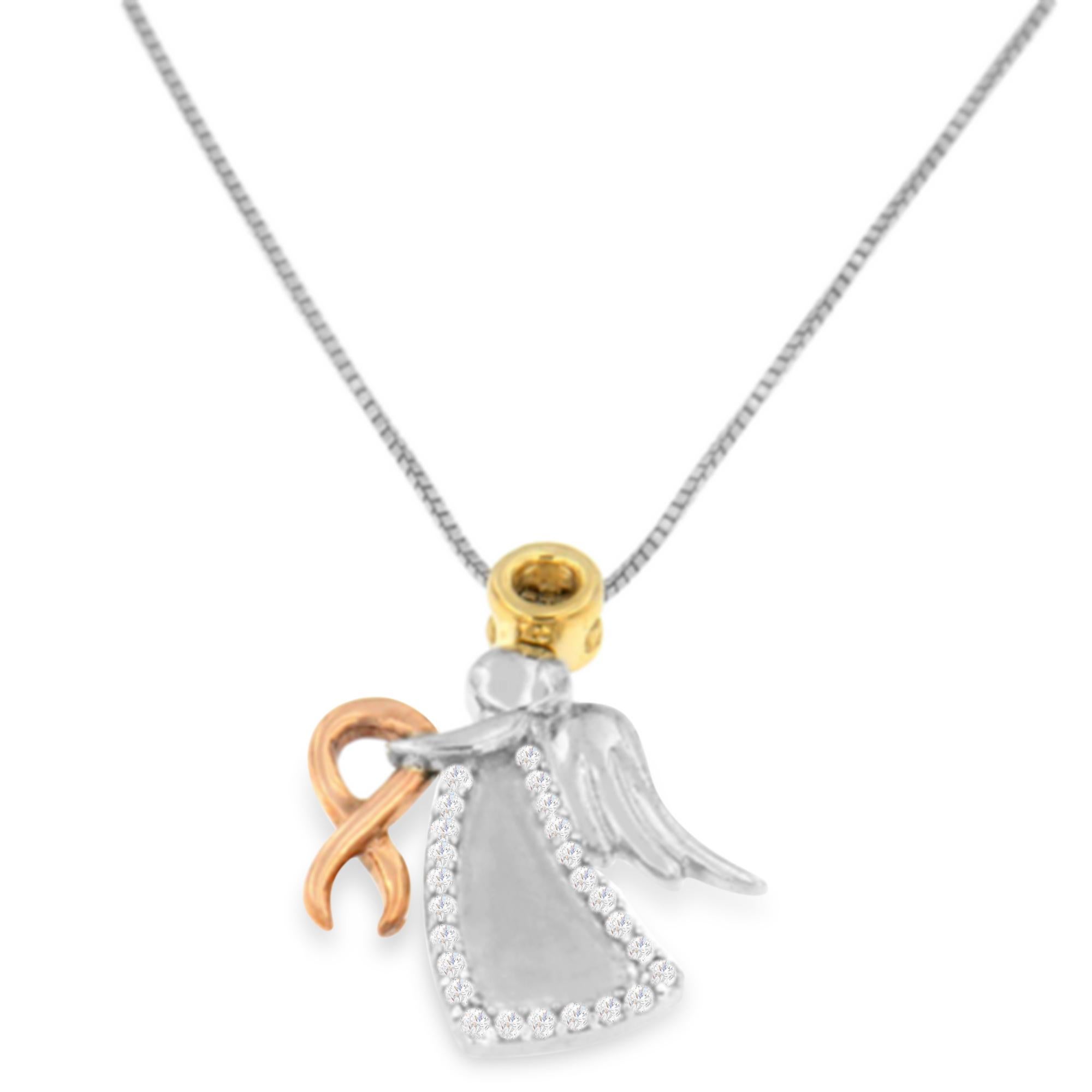 This charming pendant showcases that angels do exist. Gently clasping 10 karats rose gold ribbon in her hands, the beautiful angel is depicted in the two tone gold and white silver mix in the form of a pendant. It is elegantly adorned with