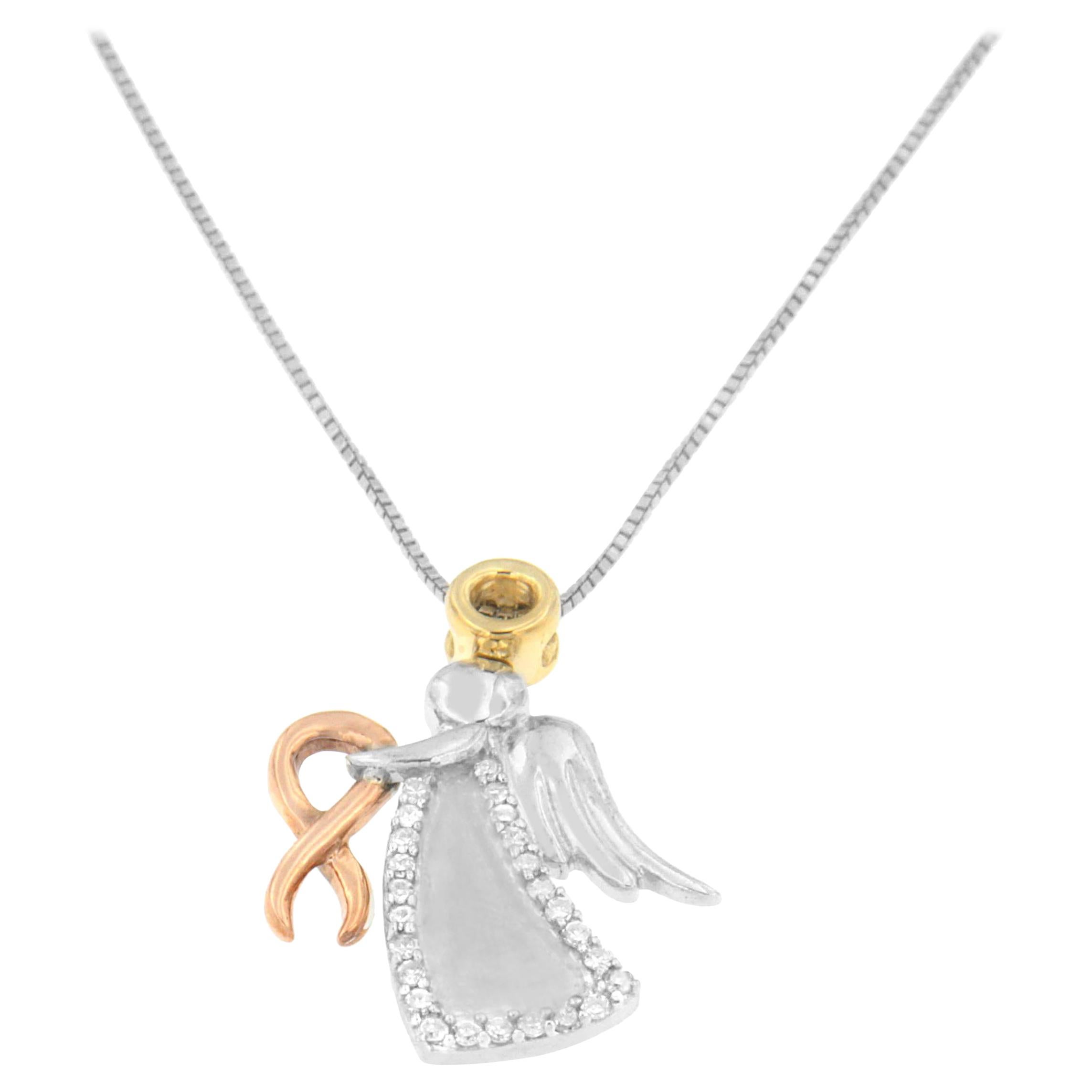 Two-Toned Gold & White Silver Mix 1/6 Carat Diamond Ribbon Pendant Necklace For Sale