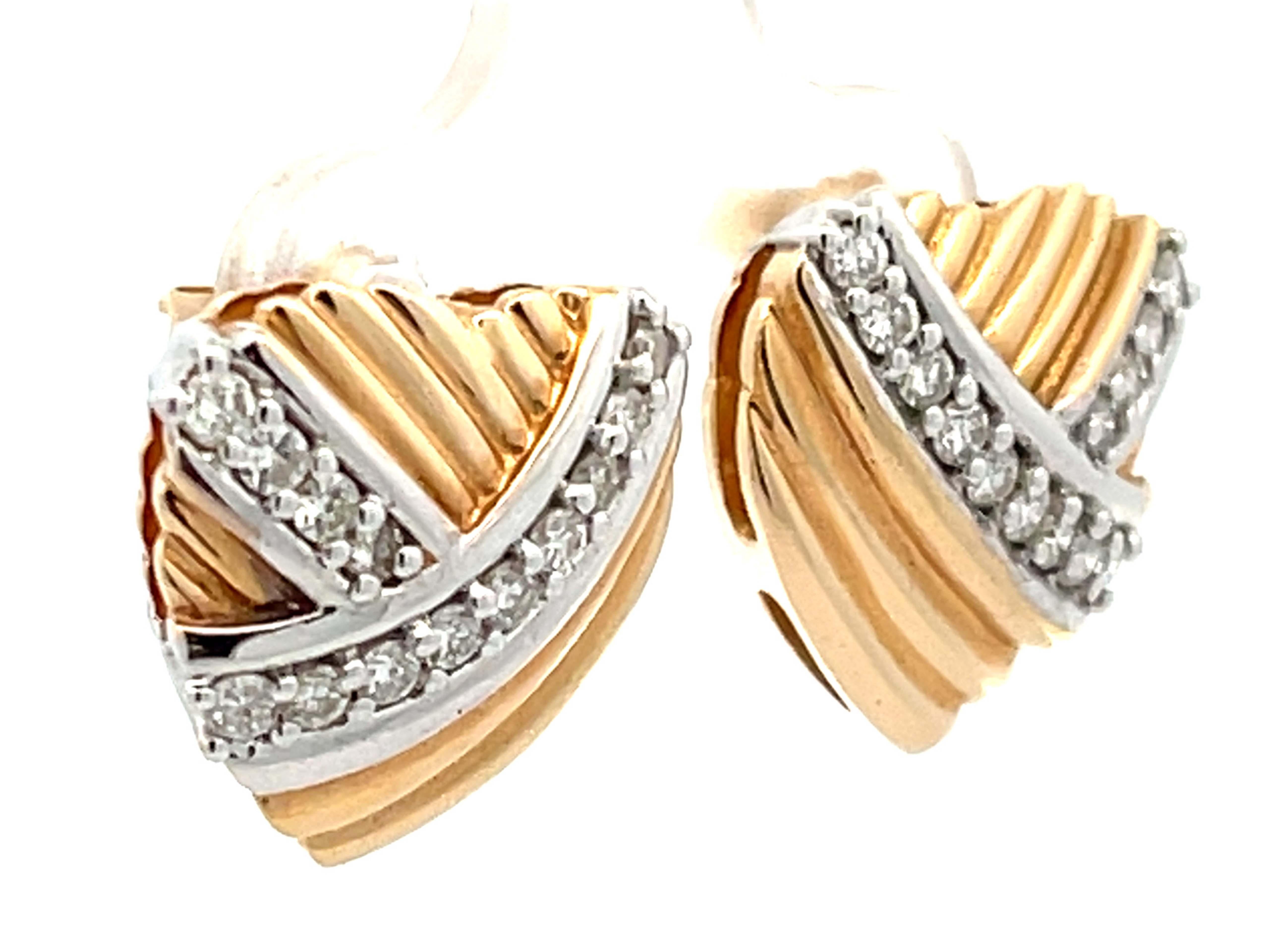 Modern Two Toned Heart Earrings with Diamonds in 14k White and Yellow Gold For Sale