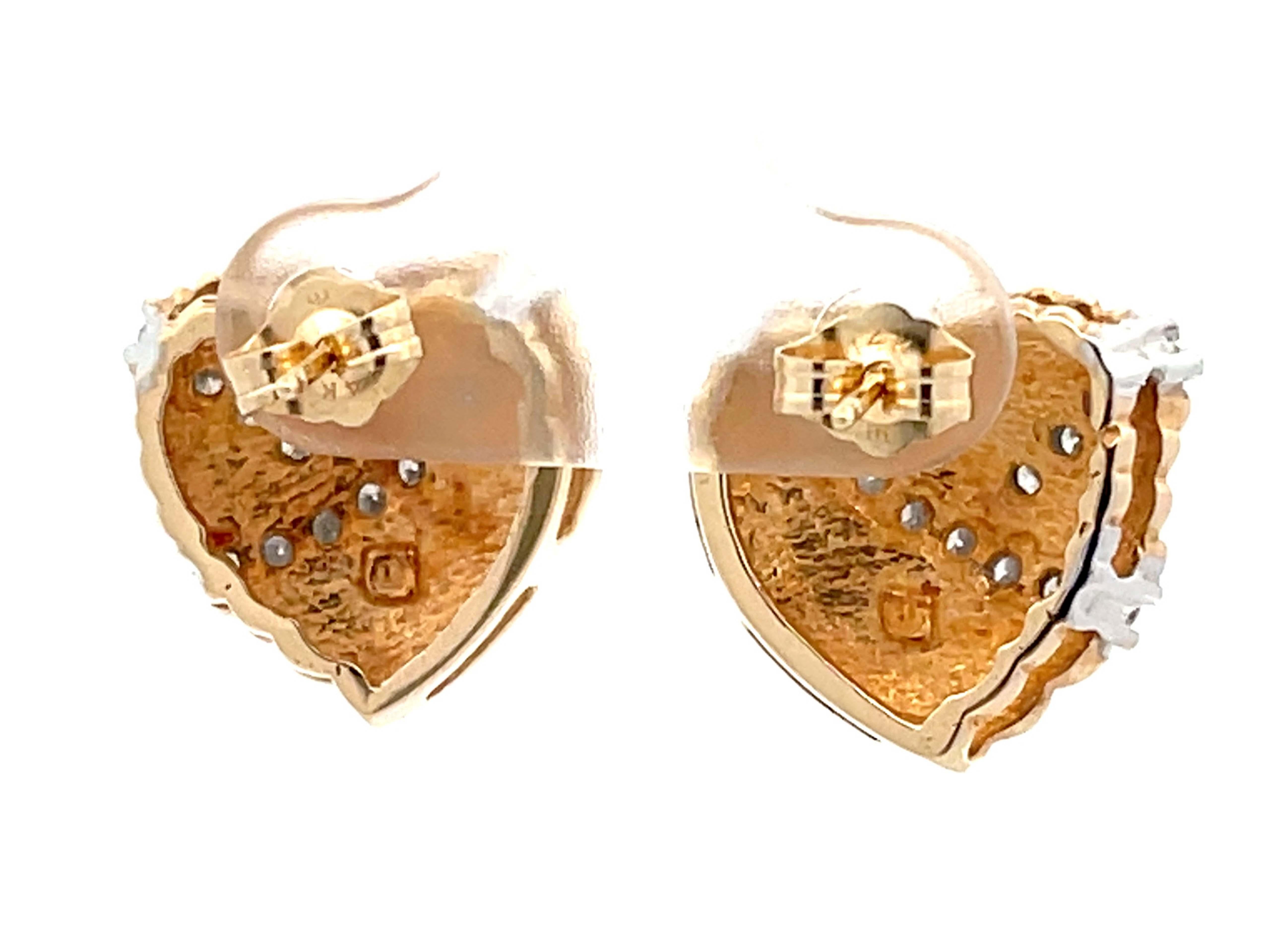 Two Toned Heart Earrings with Diamonds in 14k White and Yellow Gold For Sale 1