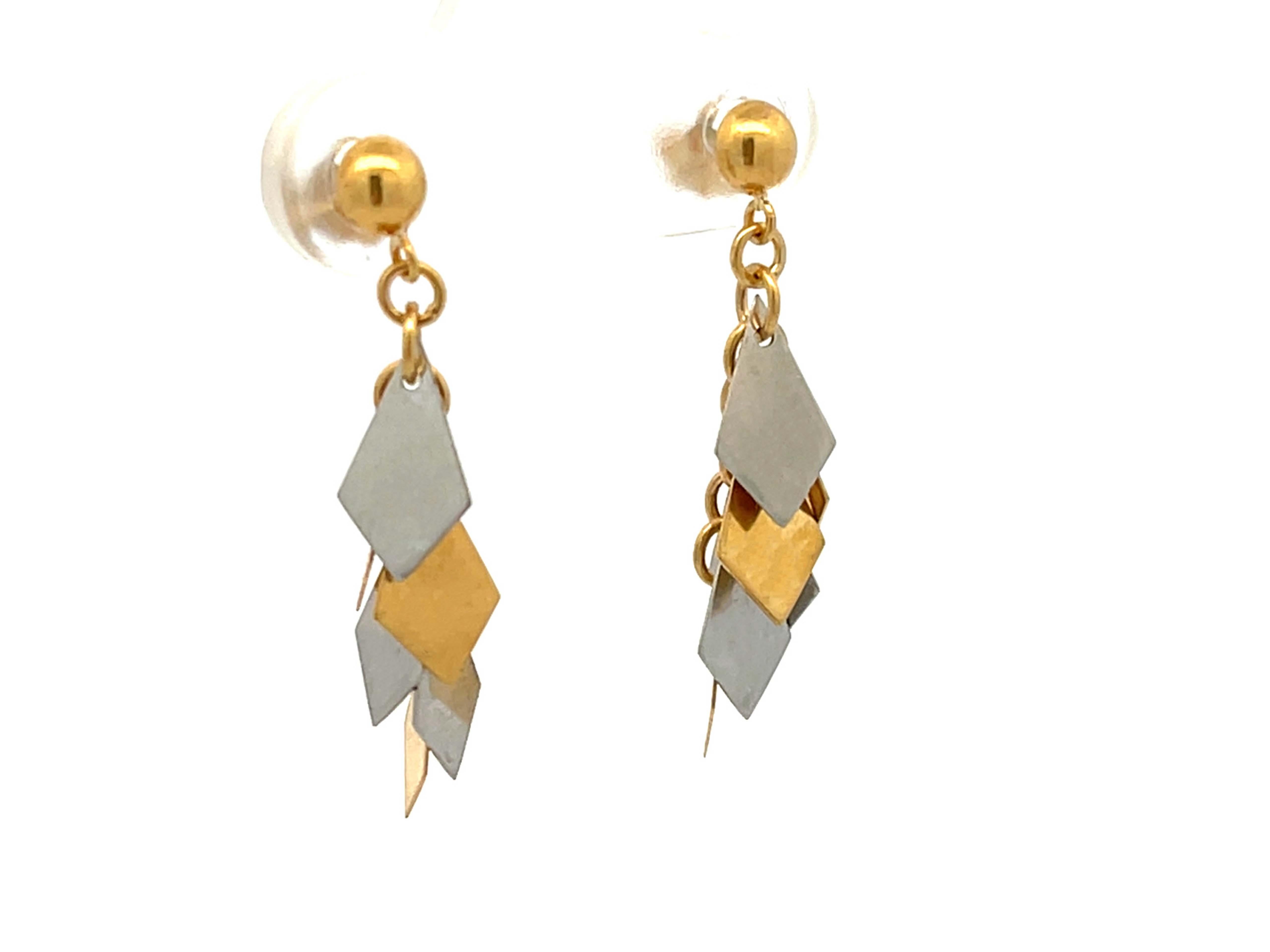 Modern Two Toned Kite Shaped Dangly Earrings in Platinum and 18k Yellow Gold For Sale