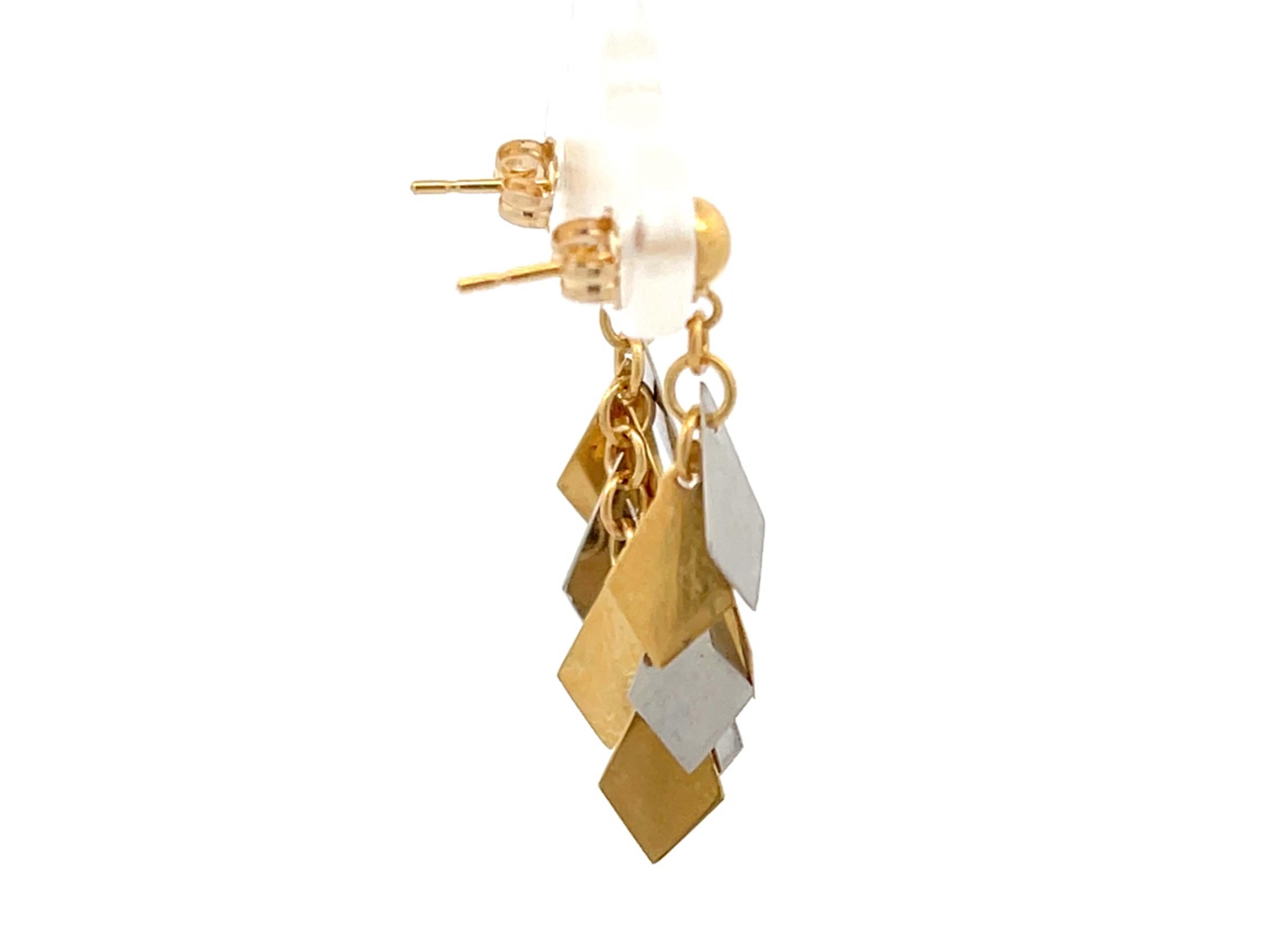 Women's Two Toned Kite Shaped Dangly Earrings in Platinum and 18k Yellow Gold For Sale