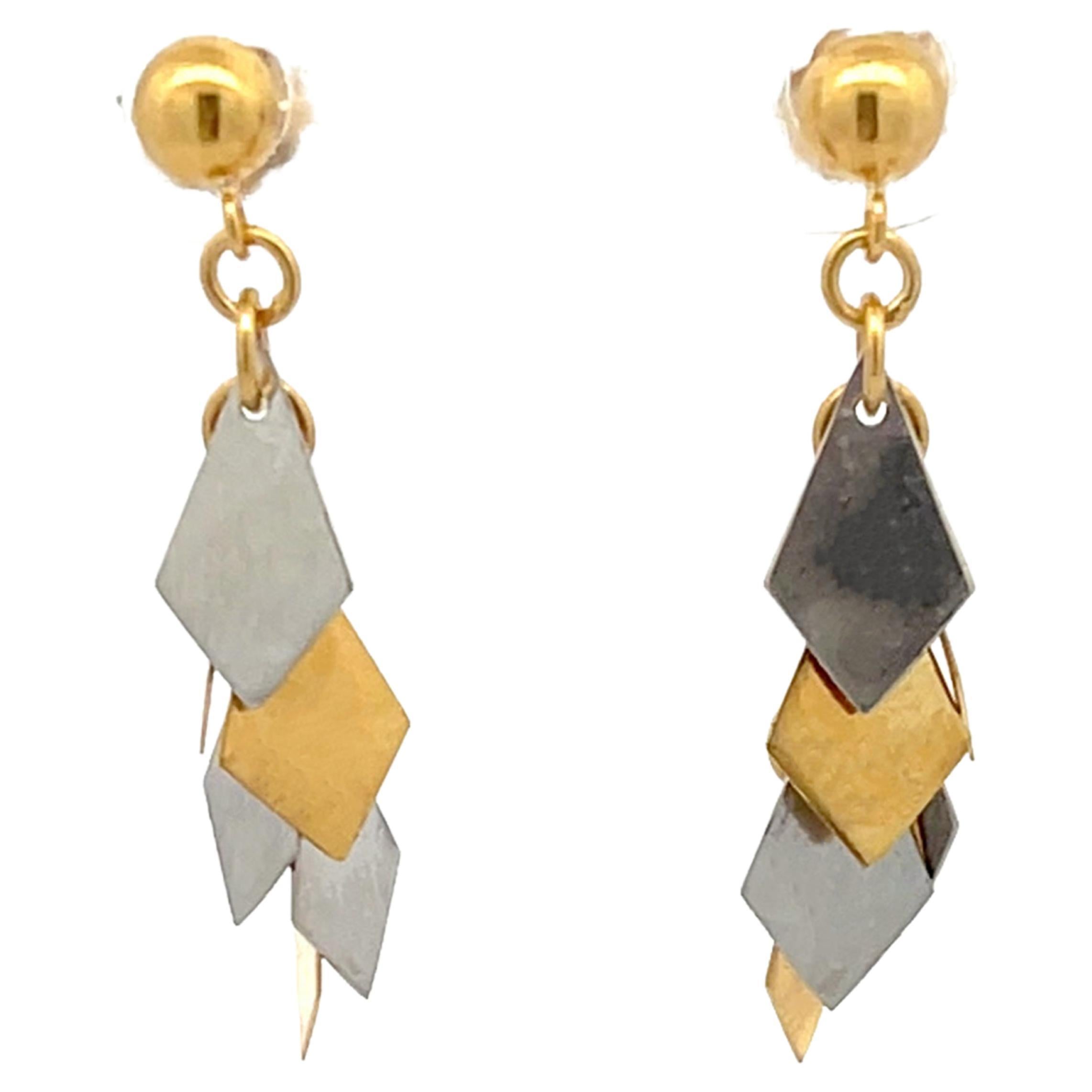 Two Toned Kite Shaped Dangly Earrings in Platinum and 18k Yellow Gold For Sale