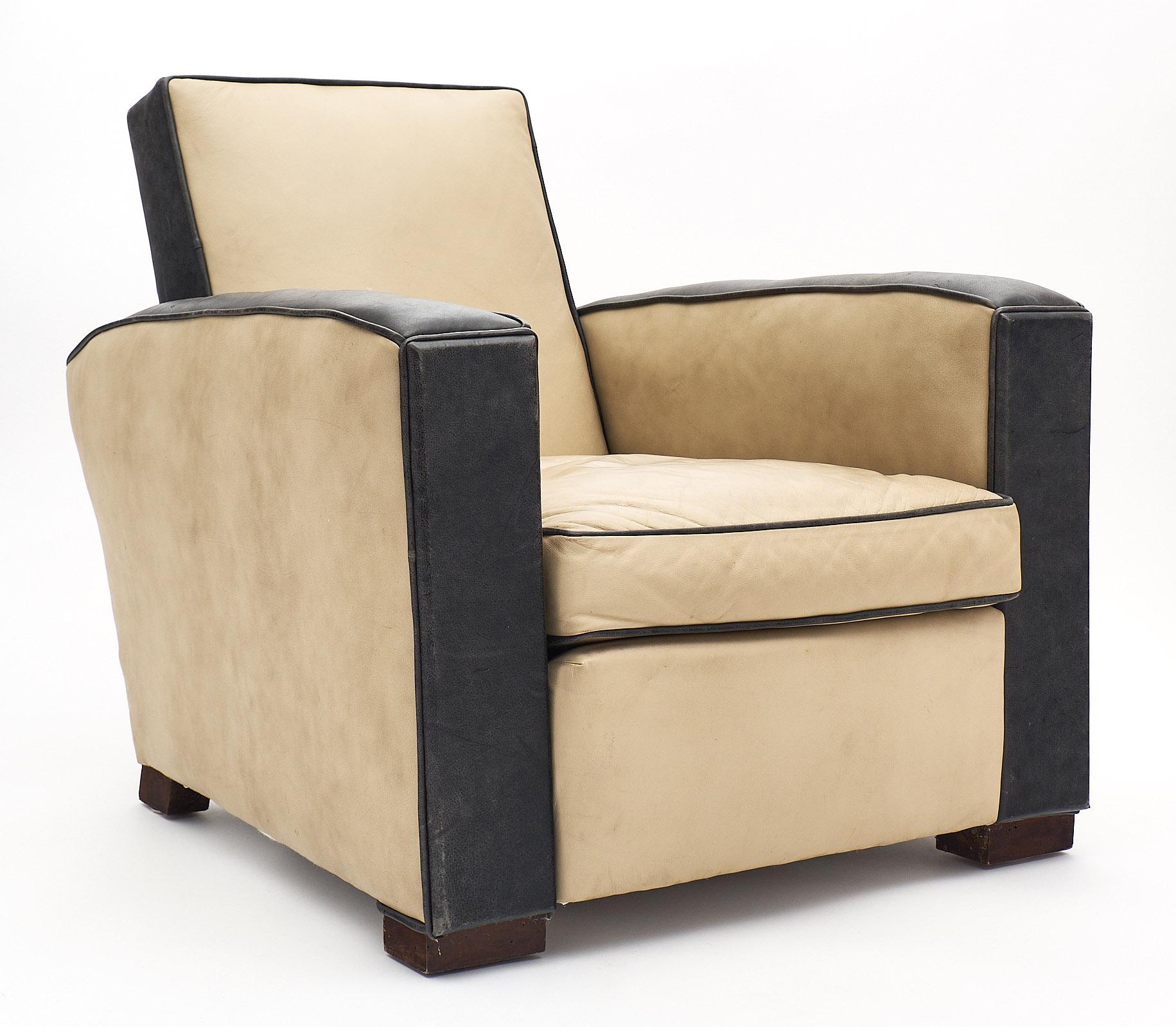 French Two-Toned Leather Art Deco Club Chairs