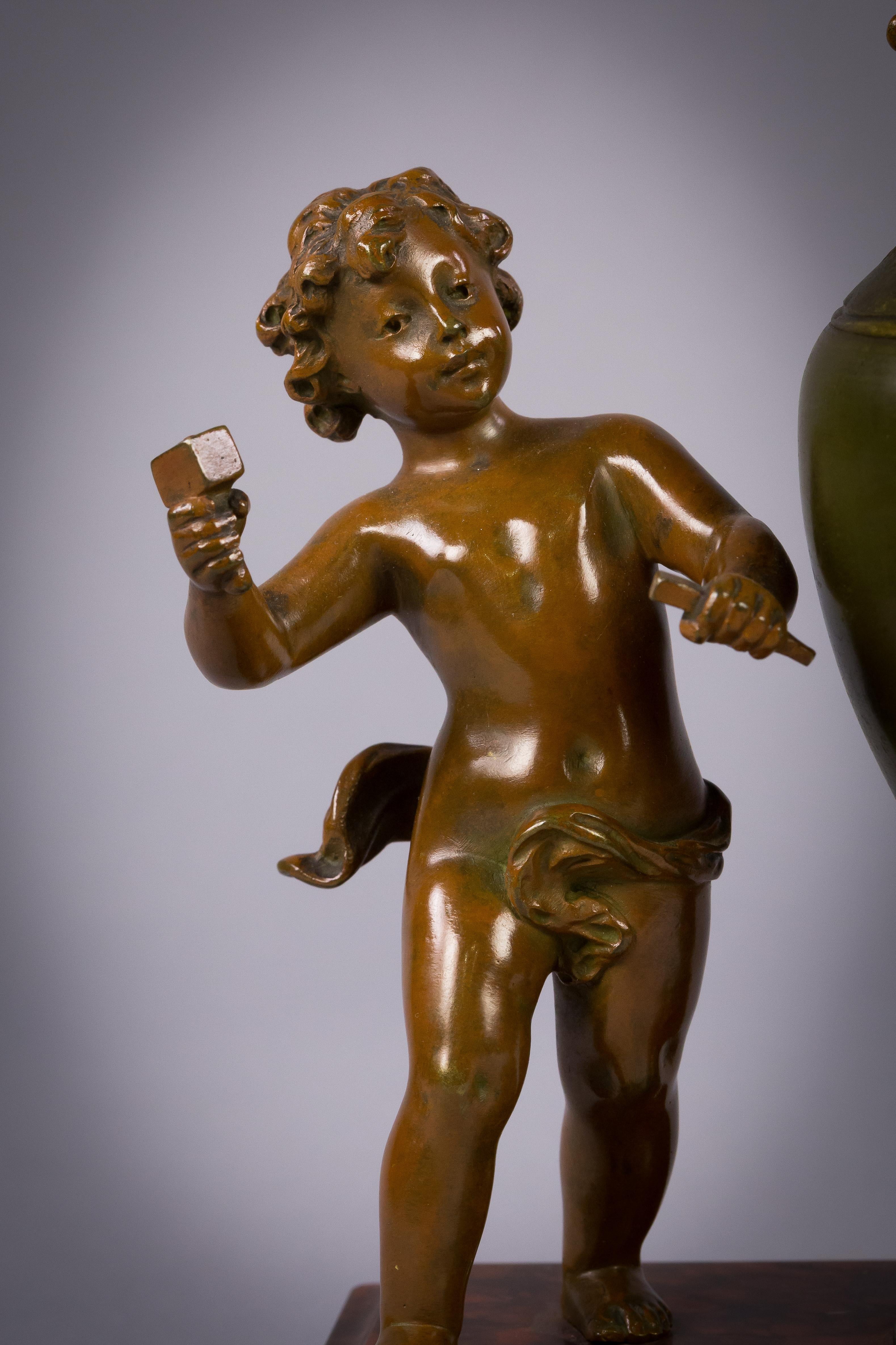 Depicting a figure chasing the bronze vase on rouge marble base.