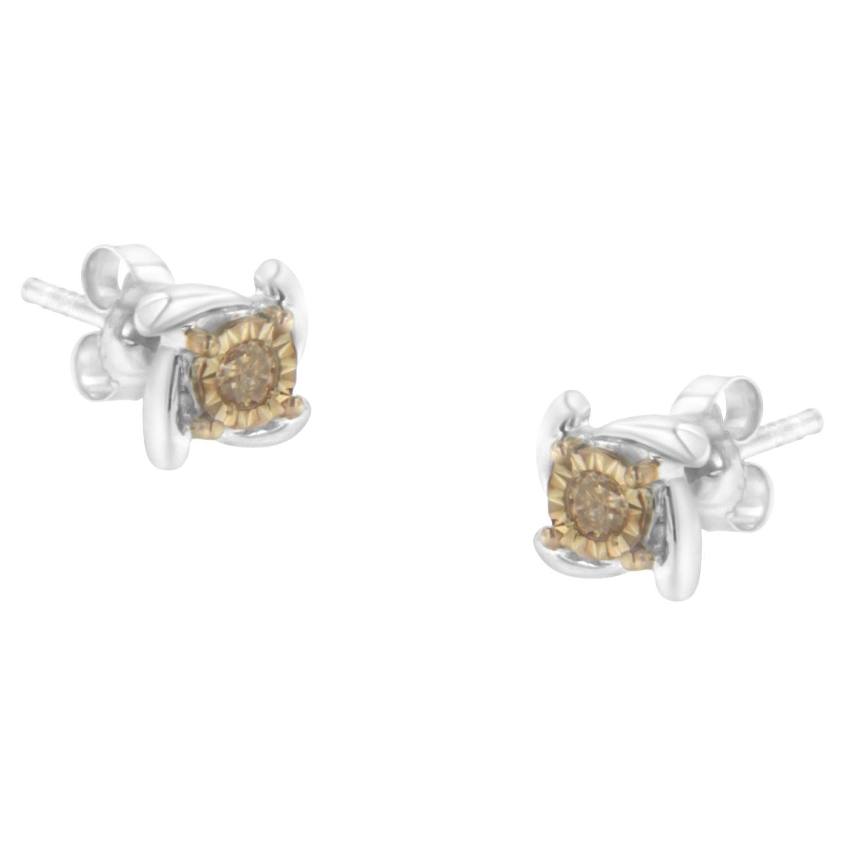 Two-Toned Plated Sterling-Silver 1/10 Carat Diamond Stud Earring For Sale