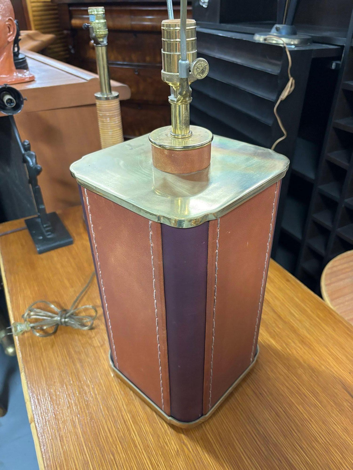 Two-Toned Square Leather Wrapped Table Lamp with Gold Trim For Sale 5