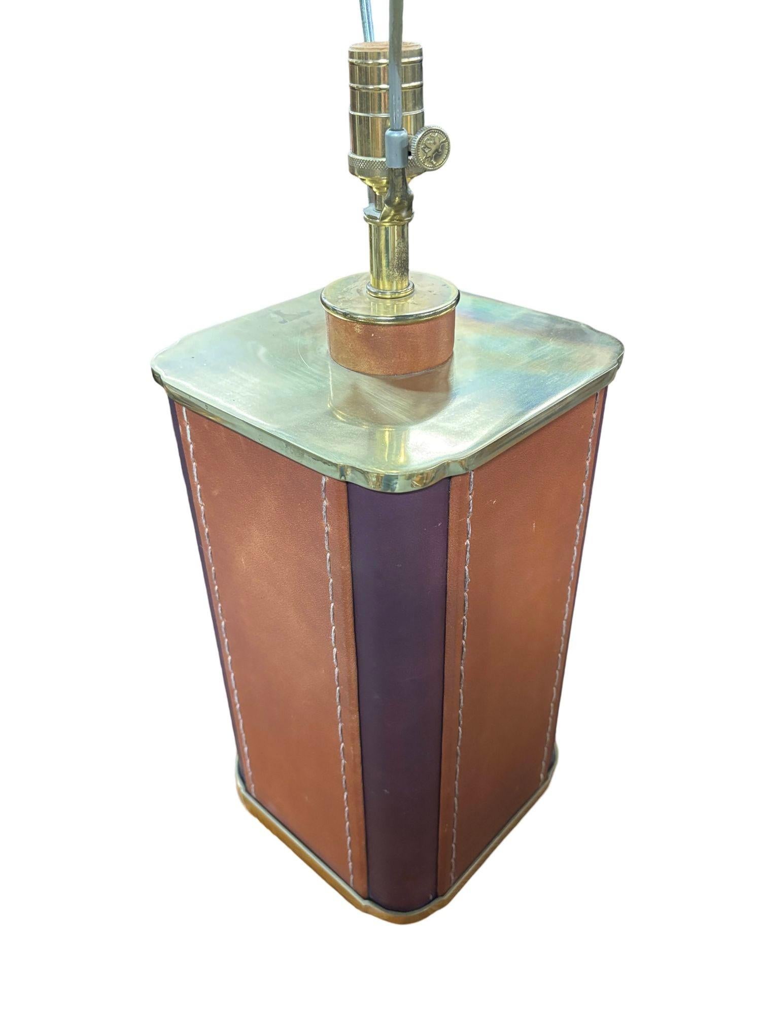 Modern Two-Toned Square Leather Wrapped Table Lamp with Gold Trim For Sale