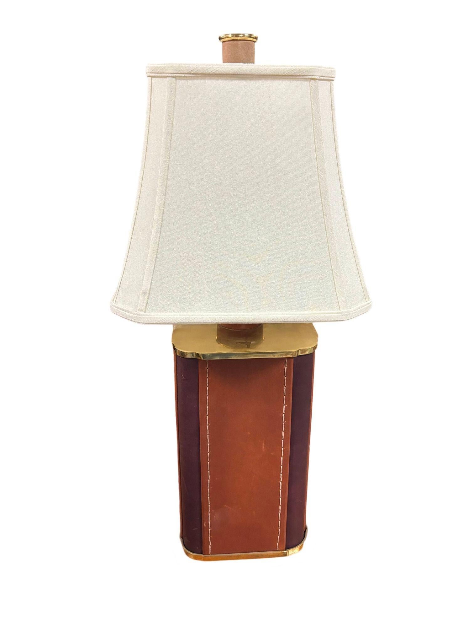 Late 20th Century Two-Toned Square Leather Wrapped Table Lamp with Gold Trim For Sale