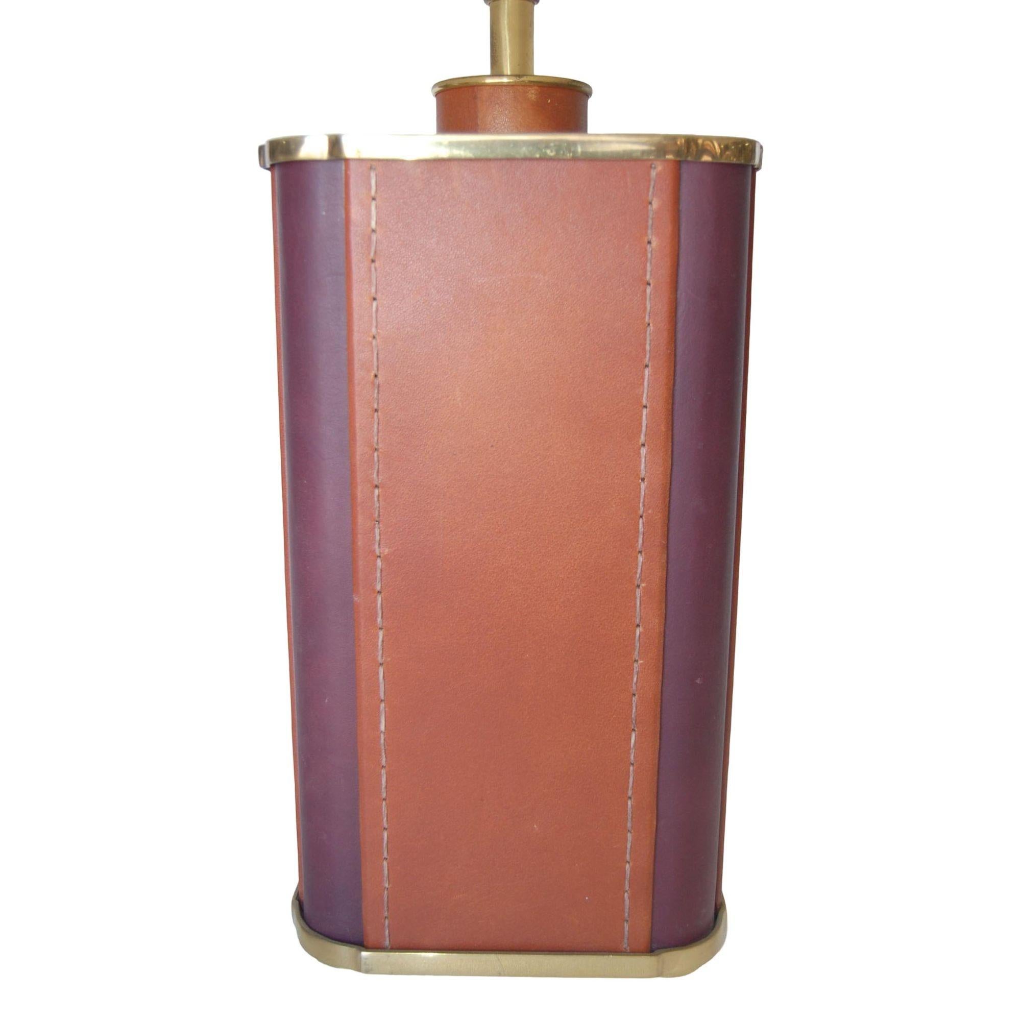 Two-Toned Square Leather Wrapped Table Lamp with Gold Trim For Sale 1
