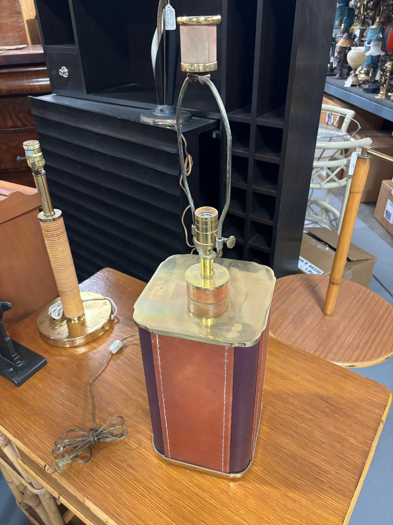 Two-Toned Square Leather Wrapped Table Lamp with Gold Trim For Sale 3