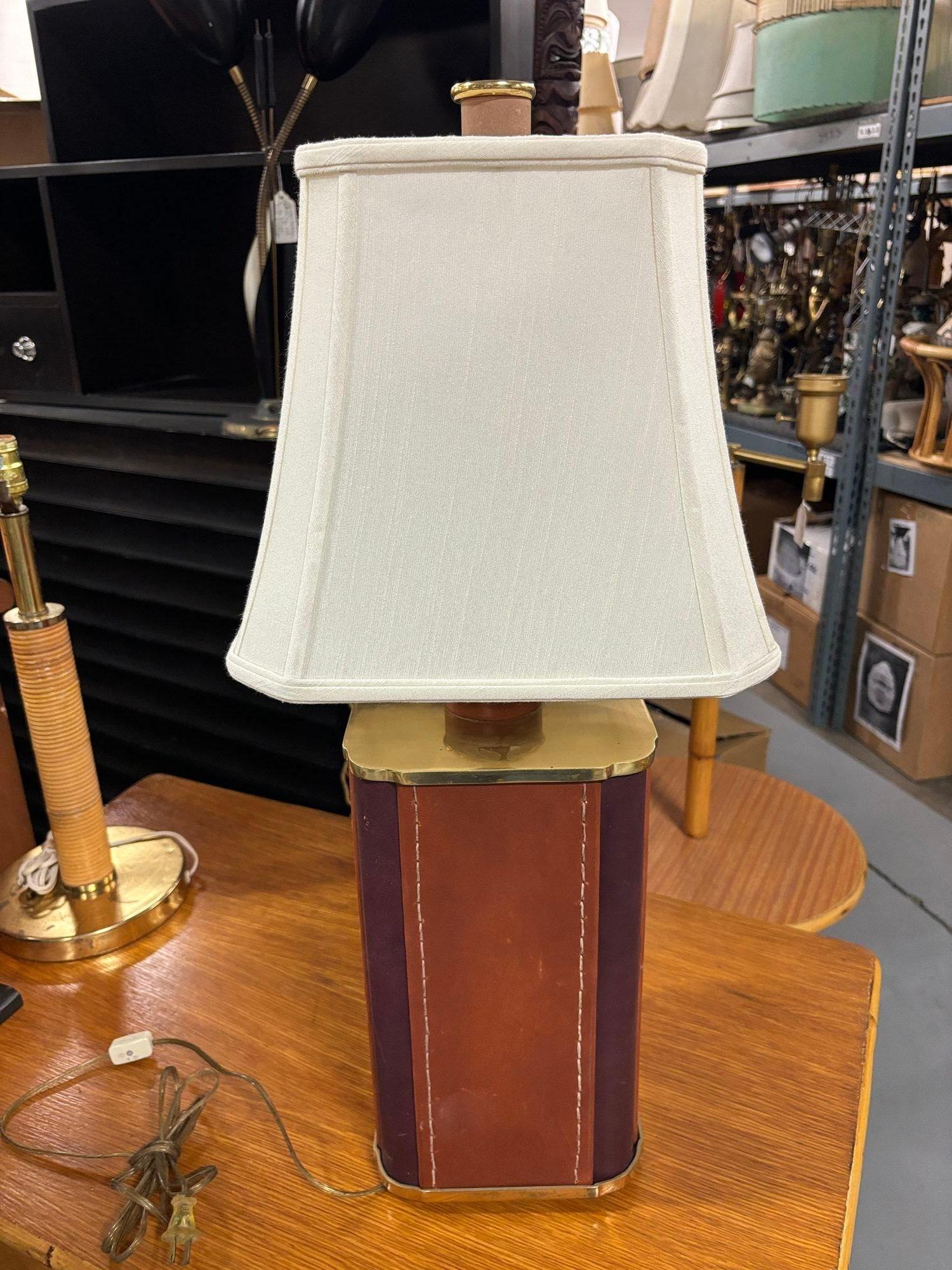 Two-Toned Square Leather Wrapped Table Lamp with Gold Trim For Sale 4