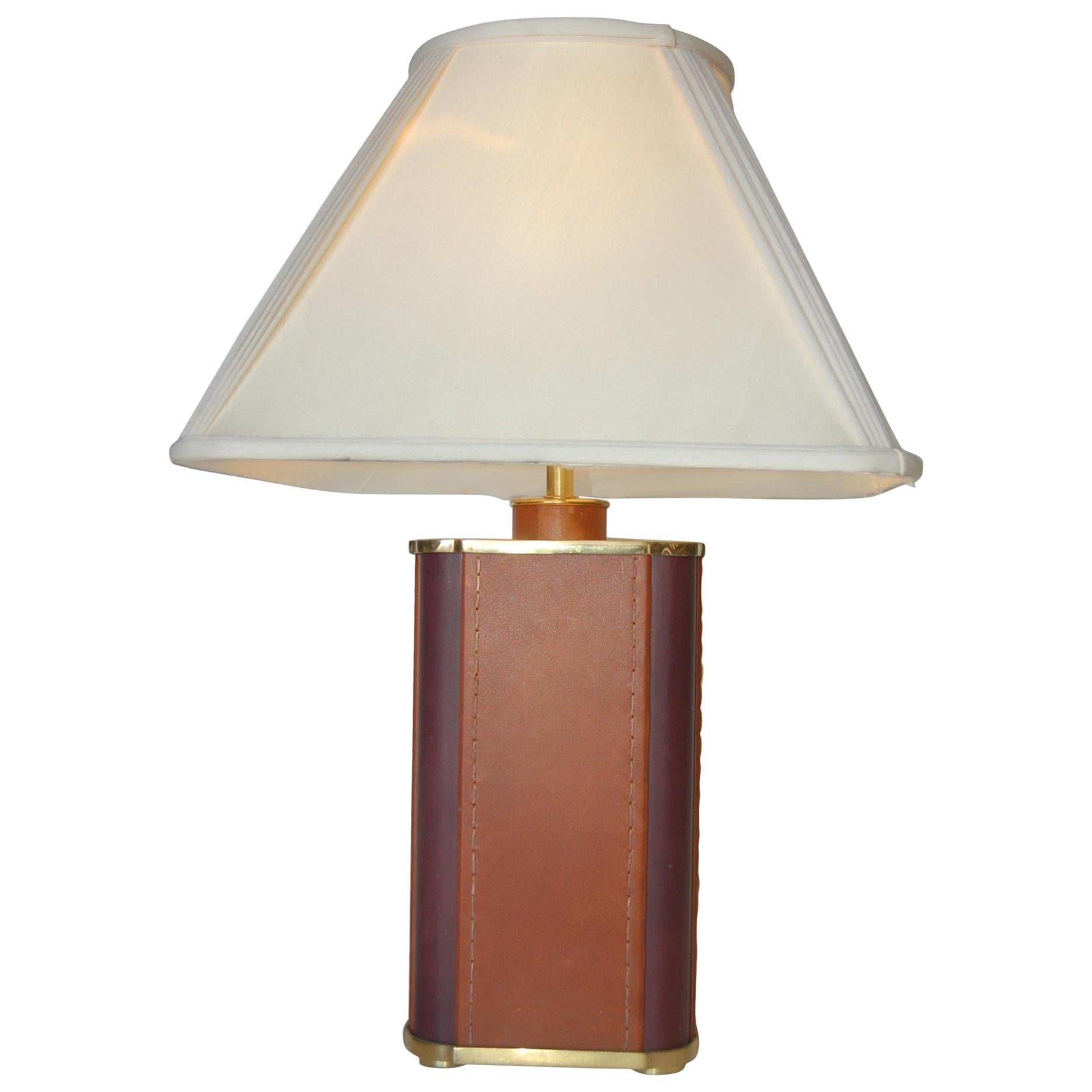 Two-Toned Square Leather Wrapped Table Lamp with Gold Trim For Sale